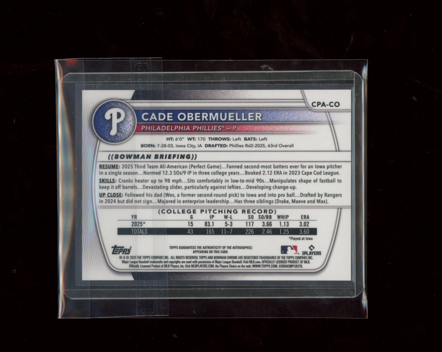 2025 Bowman Draft #CPA-CO Cade Obermueller Prospect Auto Gold Wave #/50