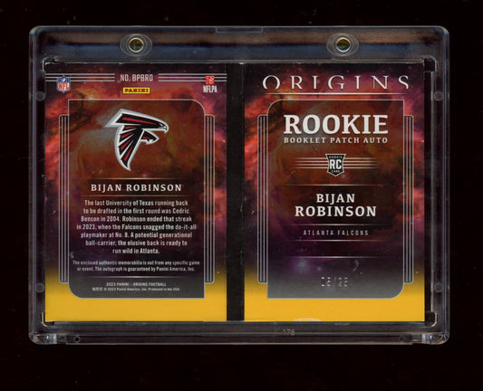 2023 Panini Origins #BPBRO Bijan Robinson Rookie Booklet Patch Auto Gold #/25