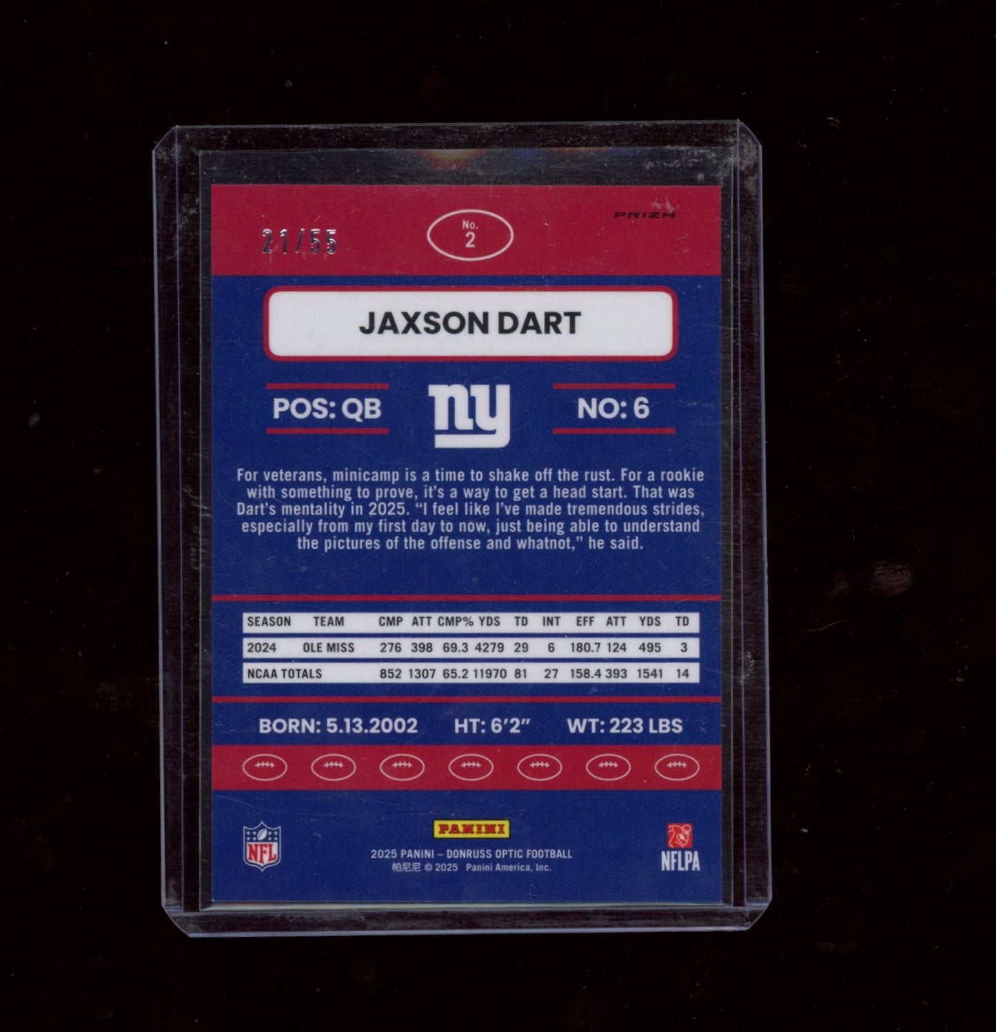 2025 Donruss Optic #2 Jaxson Dart 2015 Retro Ice #/55