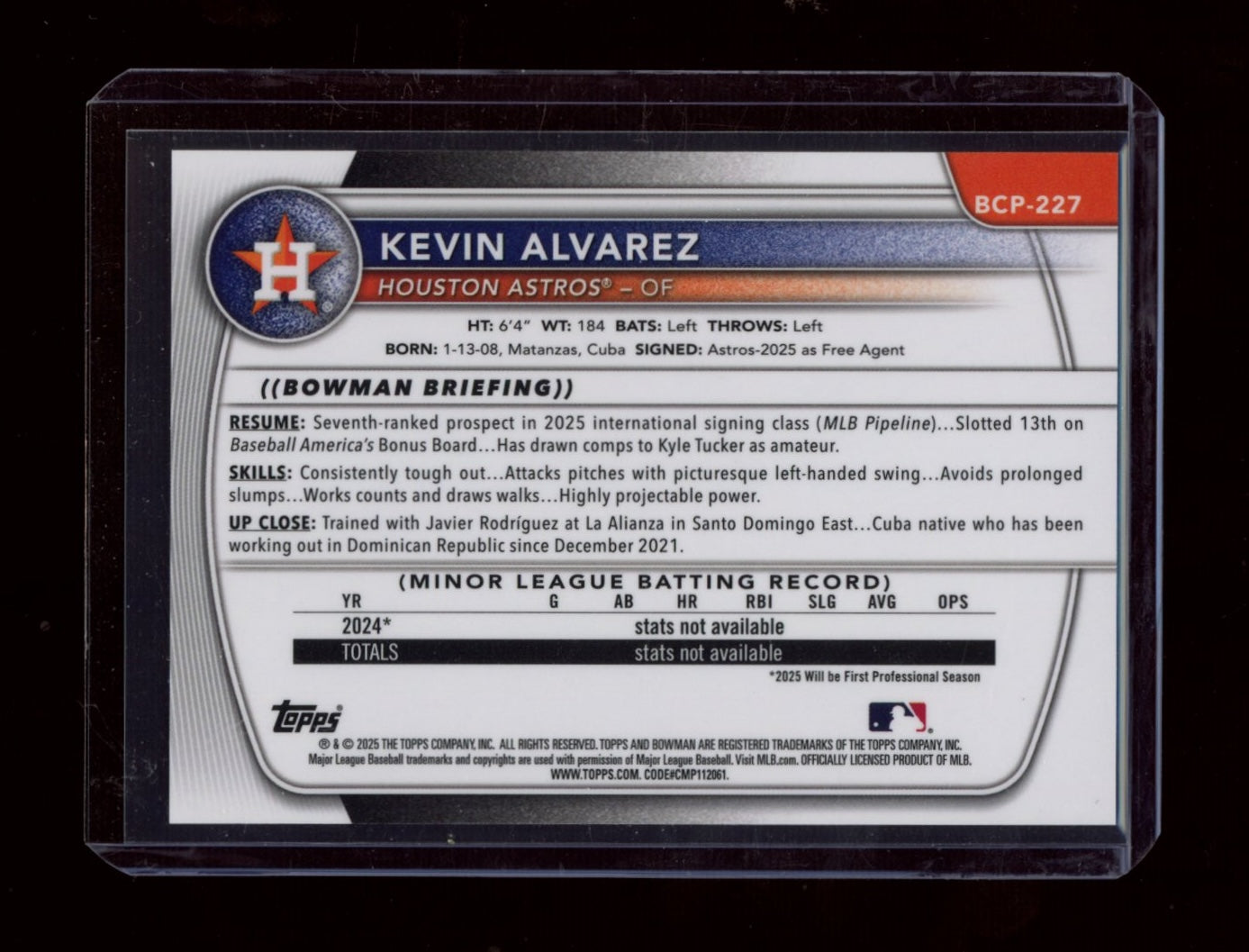 2025 Bowman Chrome #BCP-227 Kevin Alvarez Prospects Black #/10