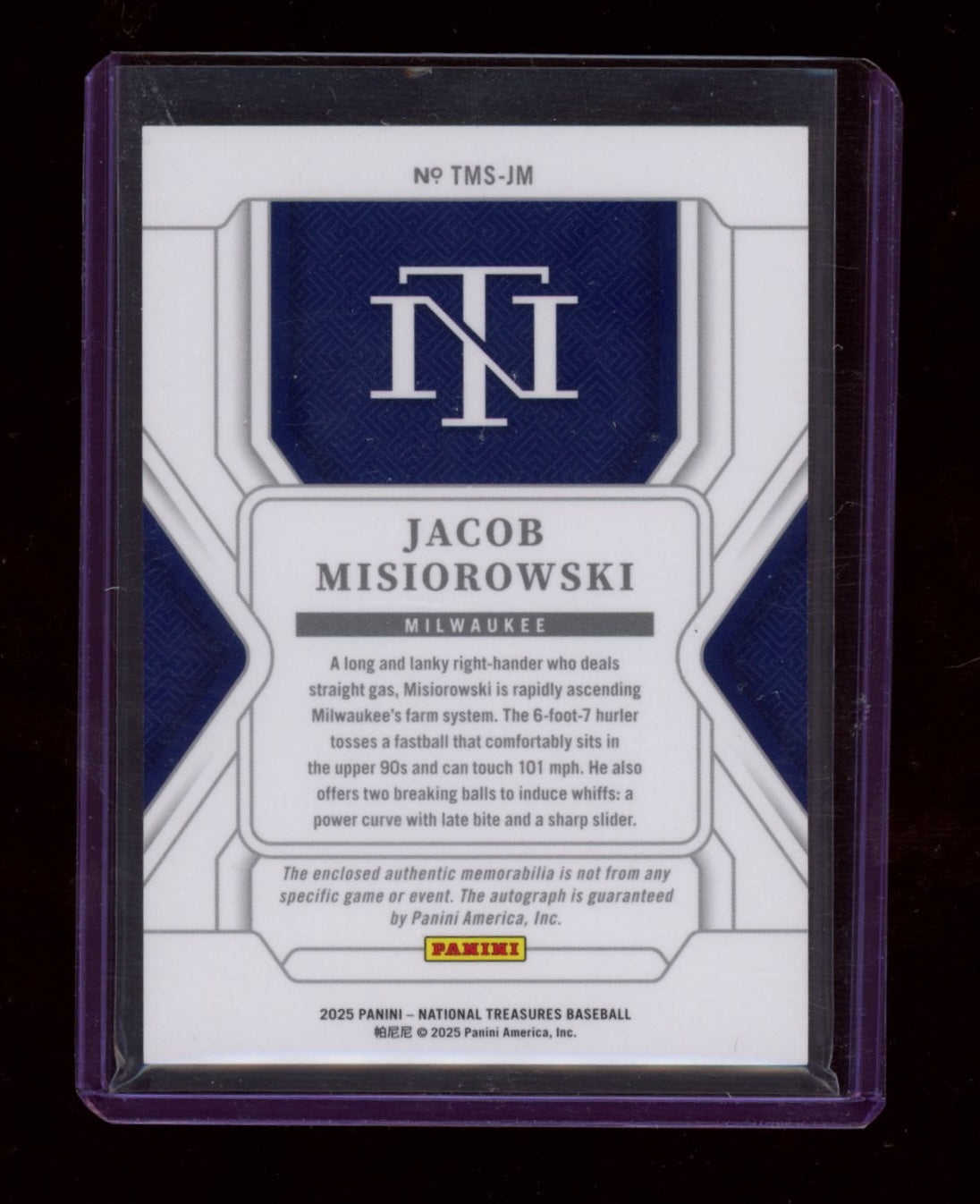 2025 Panini National Treasures Jacob Misiorowski Treas Material Sig Gold #/49
