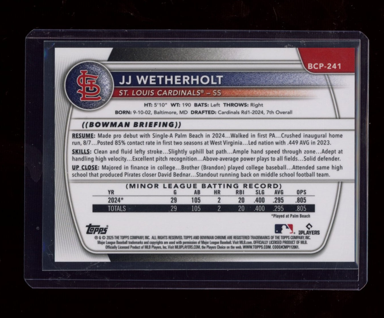 2025 Bowman Chrome #BCP-241 JJ Wetherholt Prospects Gold Shimmer #/50