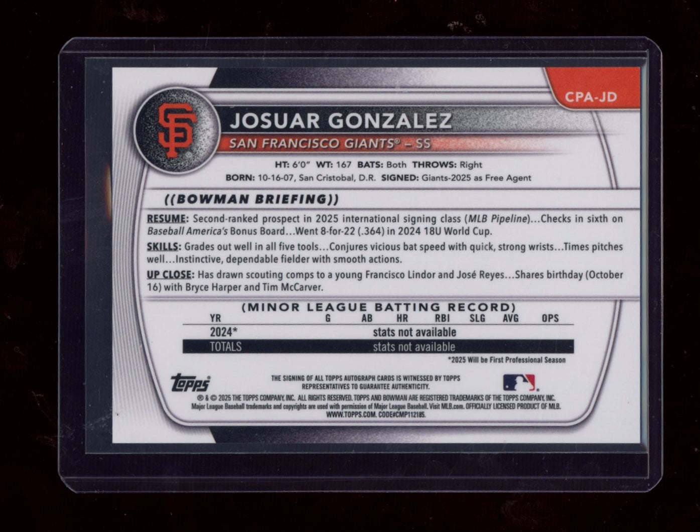 2025 Bowman Chrome #CPA-JD Josuar Gonzalez Prospect Autographs Speckle #/299