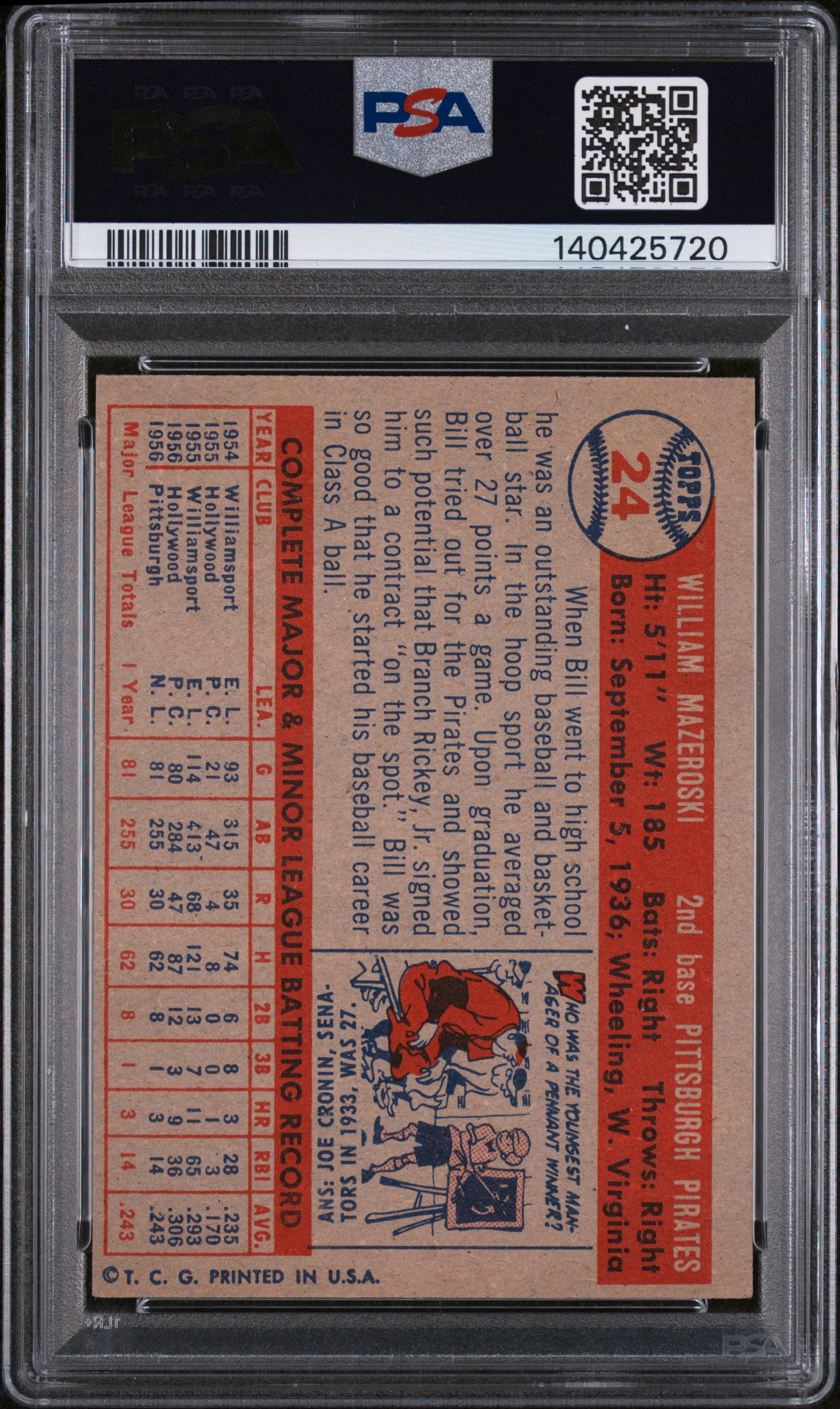 1957 Topps #24 Bill Mazeroski PSA 3