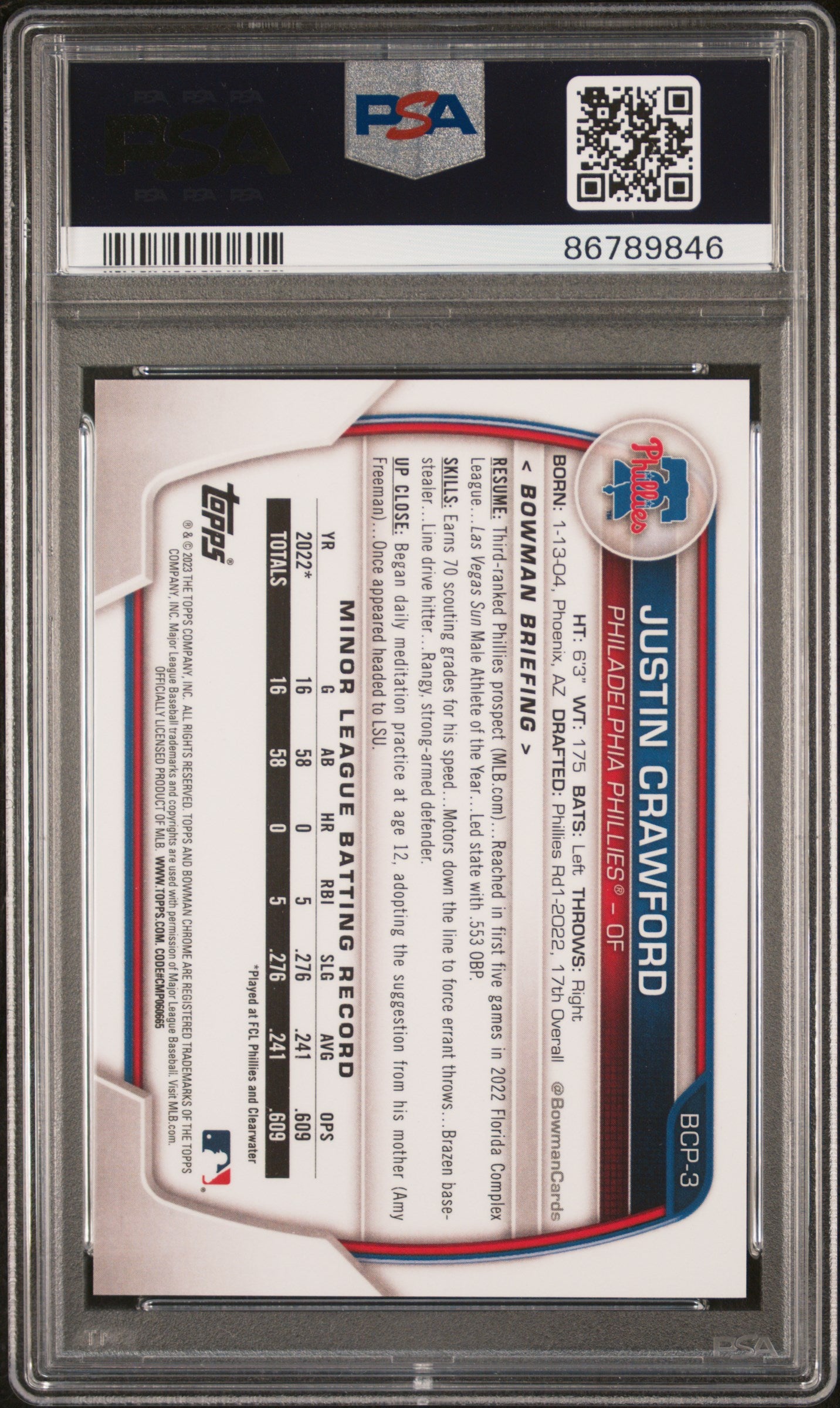 2023 Bowman Chrome Prospects #BCP3 Justin Crawford Speckle Ref PSA 10