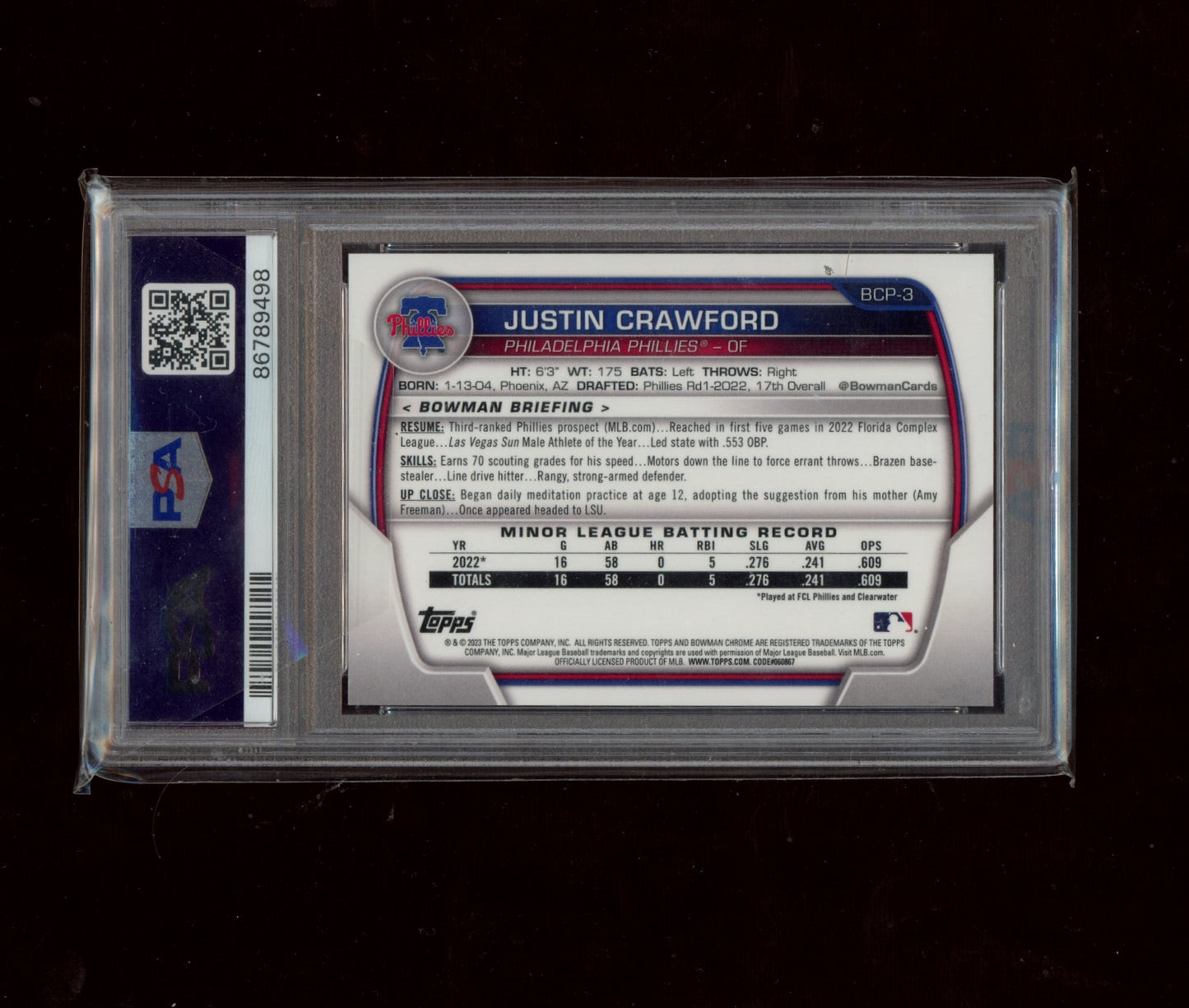 2023 Bowman Mega Box Chrome #3 Justin Crawford Chrome-Aqua Refractor PSA 10