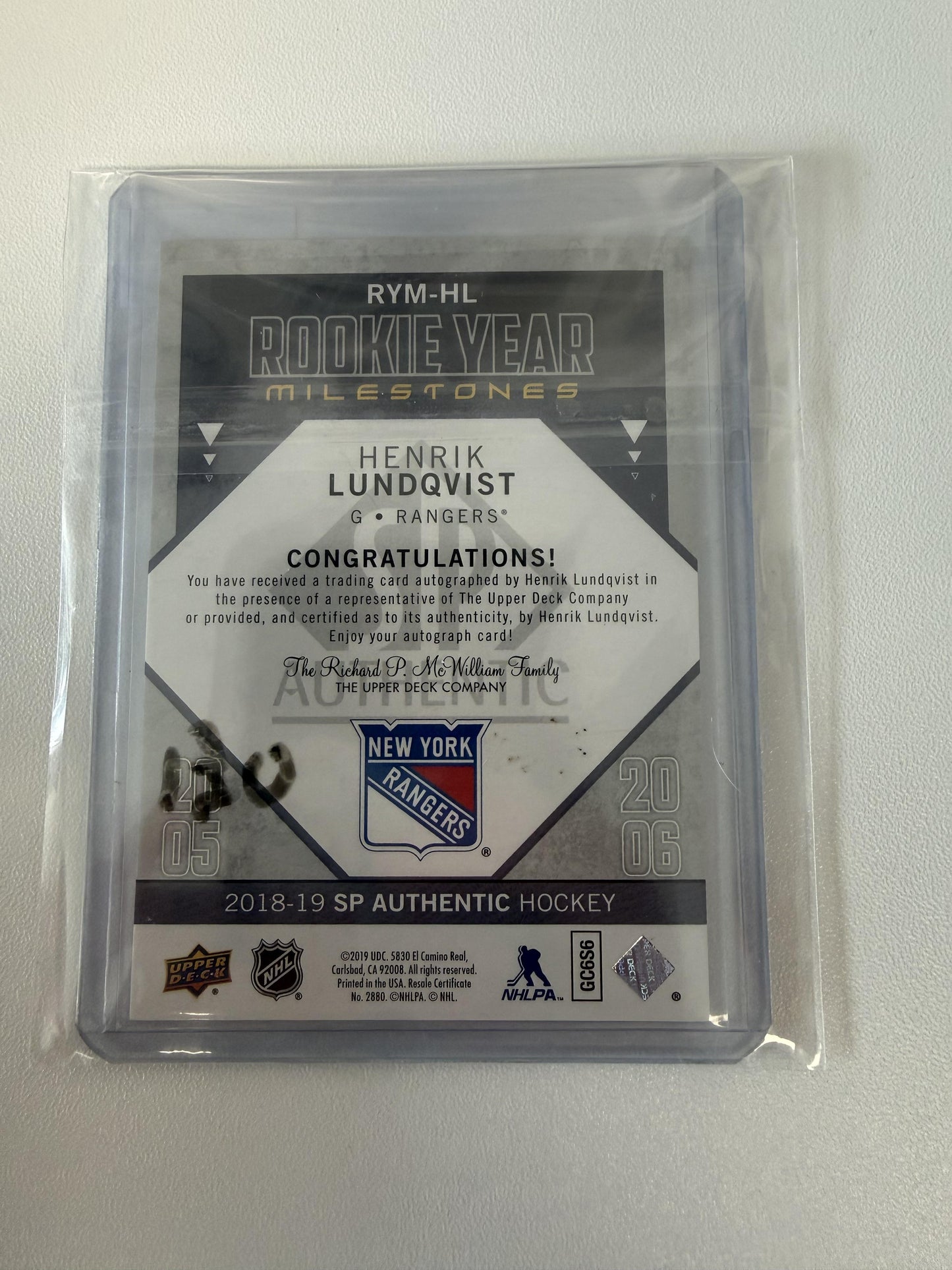 2018-19 SP Authentic #RYM-HL Henrik Lundqvist Rookie Year Auto #/30