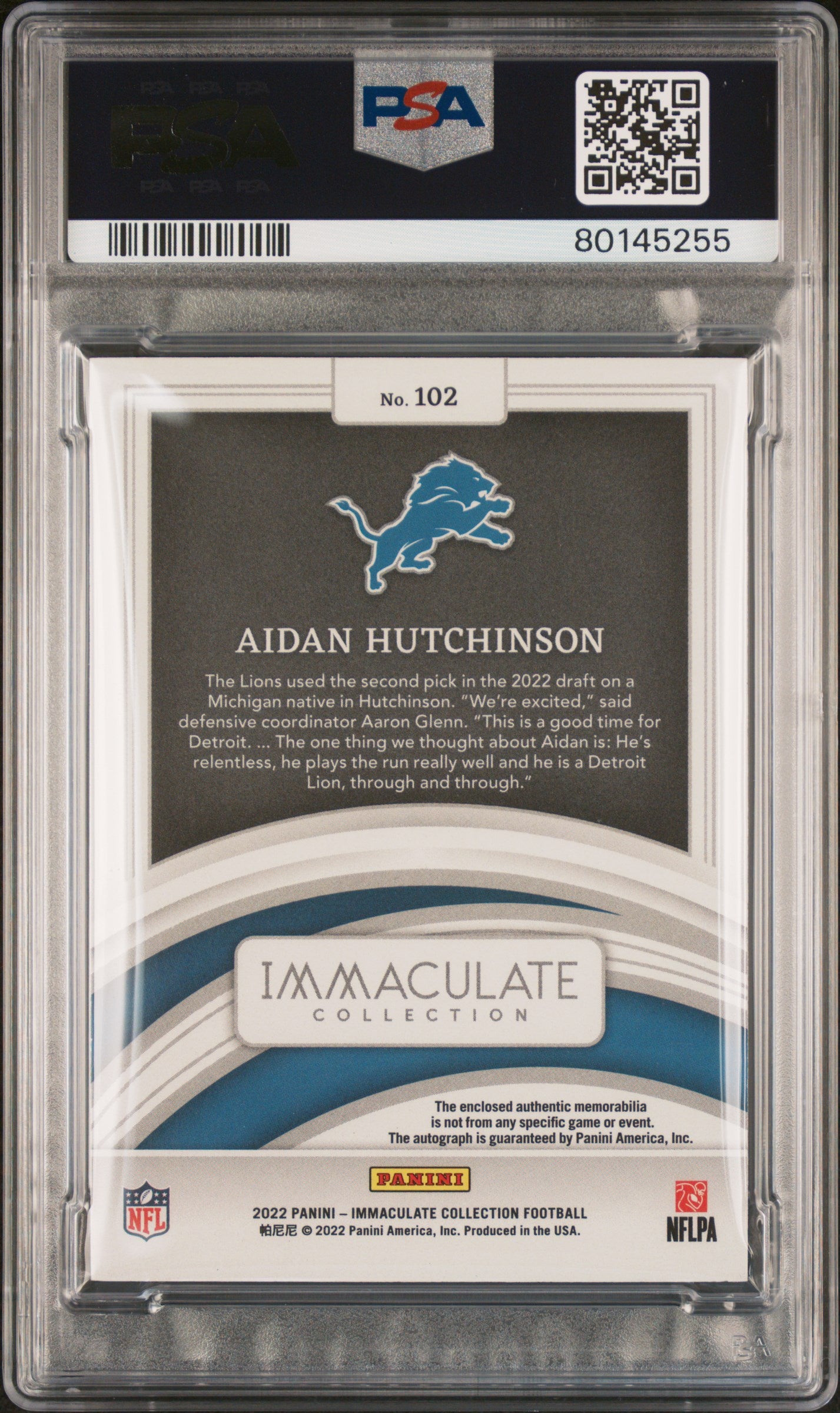 2022 Panini Immaculate Collection #102 Aidan Hutchinson Patch Autograph PSA 8