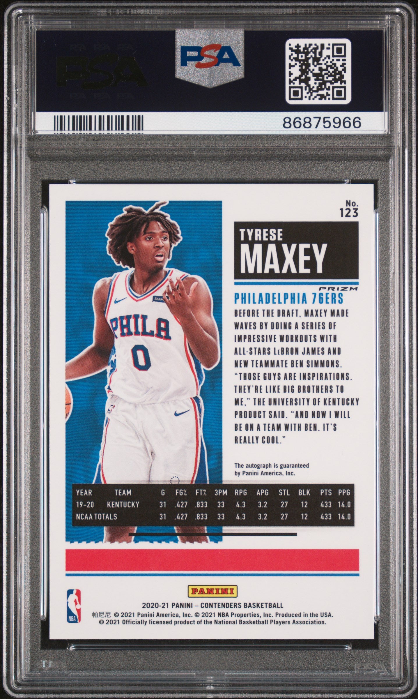 2020 Panini Contenders #123 Tyrese Maxey Premium Edition Autograph PSA 10