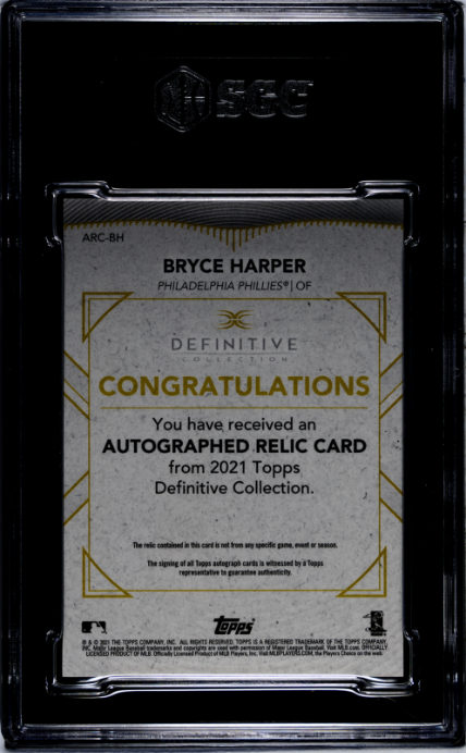 2021 Topps Definitive Collection BRYCE HARPER BUTTON PATCH 1/1 SGC 10/10
