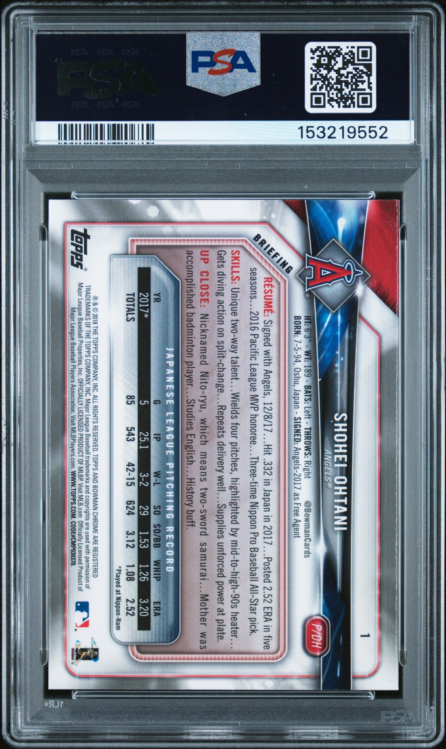 2018 Bowman Chrome #1 Shohei Ohtani PSA 8