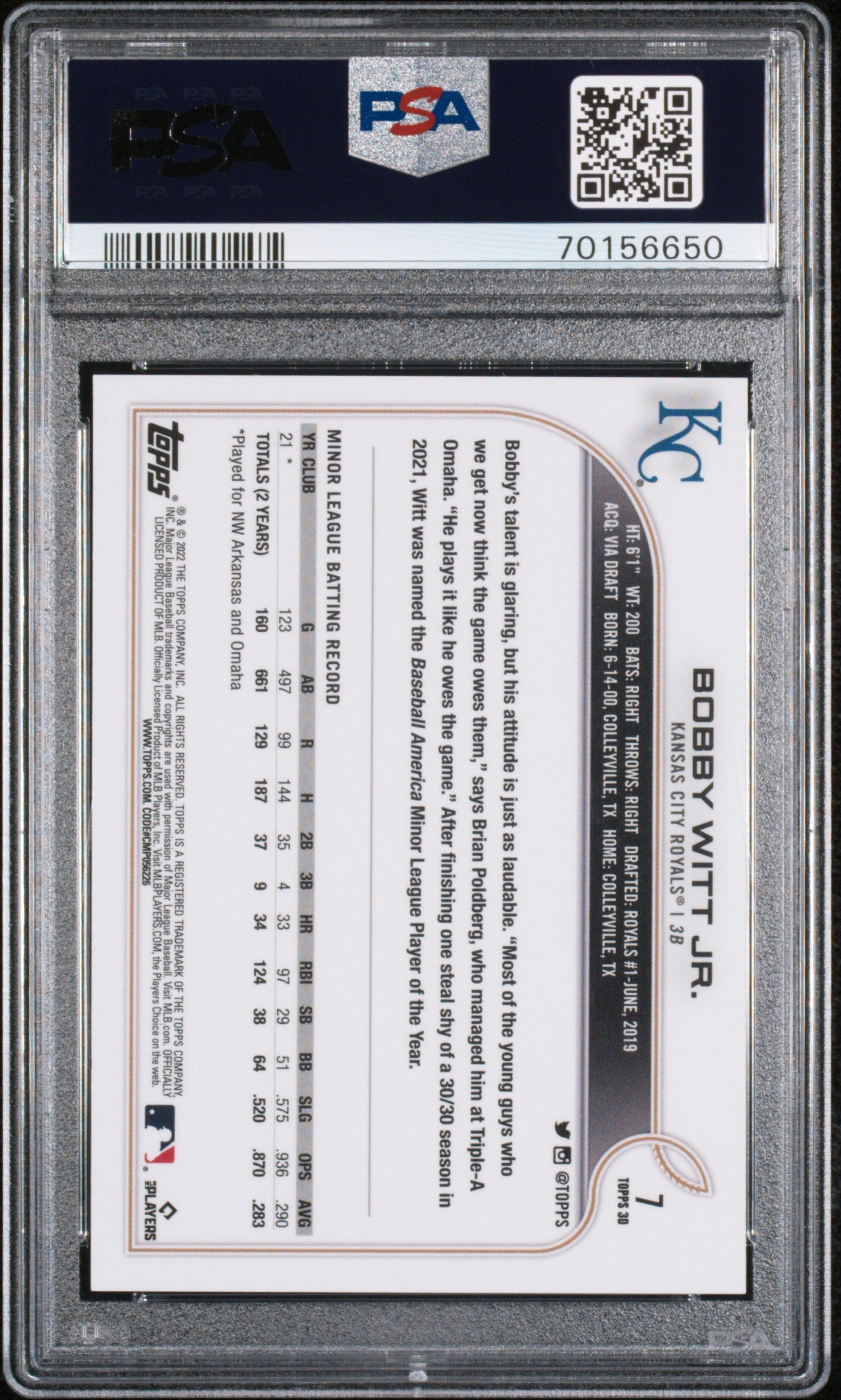 2022 Topps Mlb 3d #7 Bobby Witt Jr. PSA 10