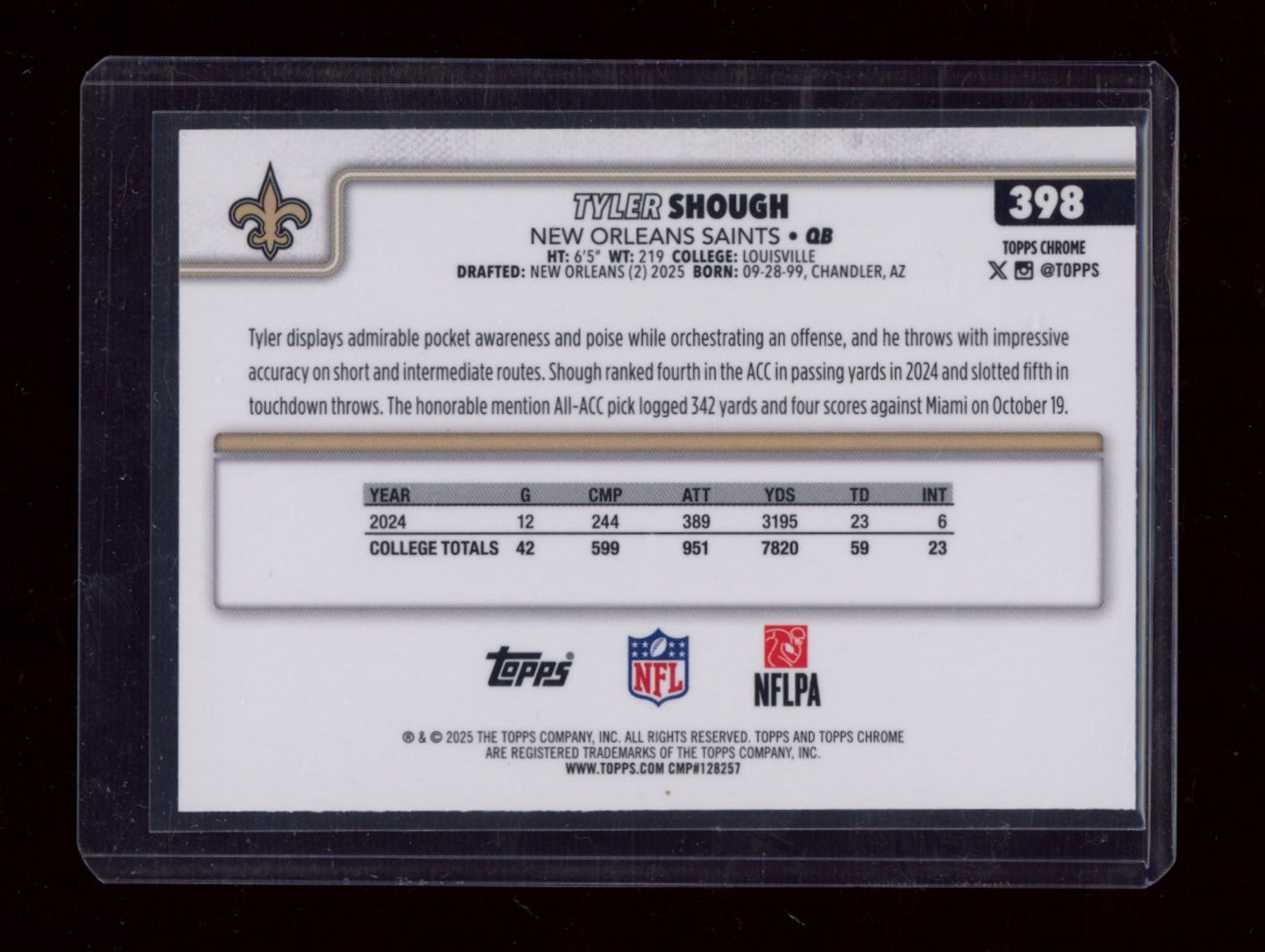 2025 Topps Chrome #398 Tyler Shough Neon Pulse Refractor