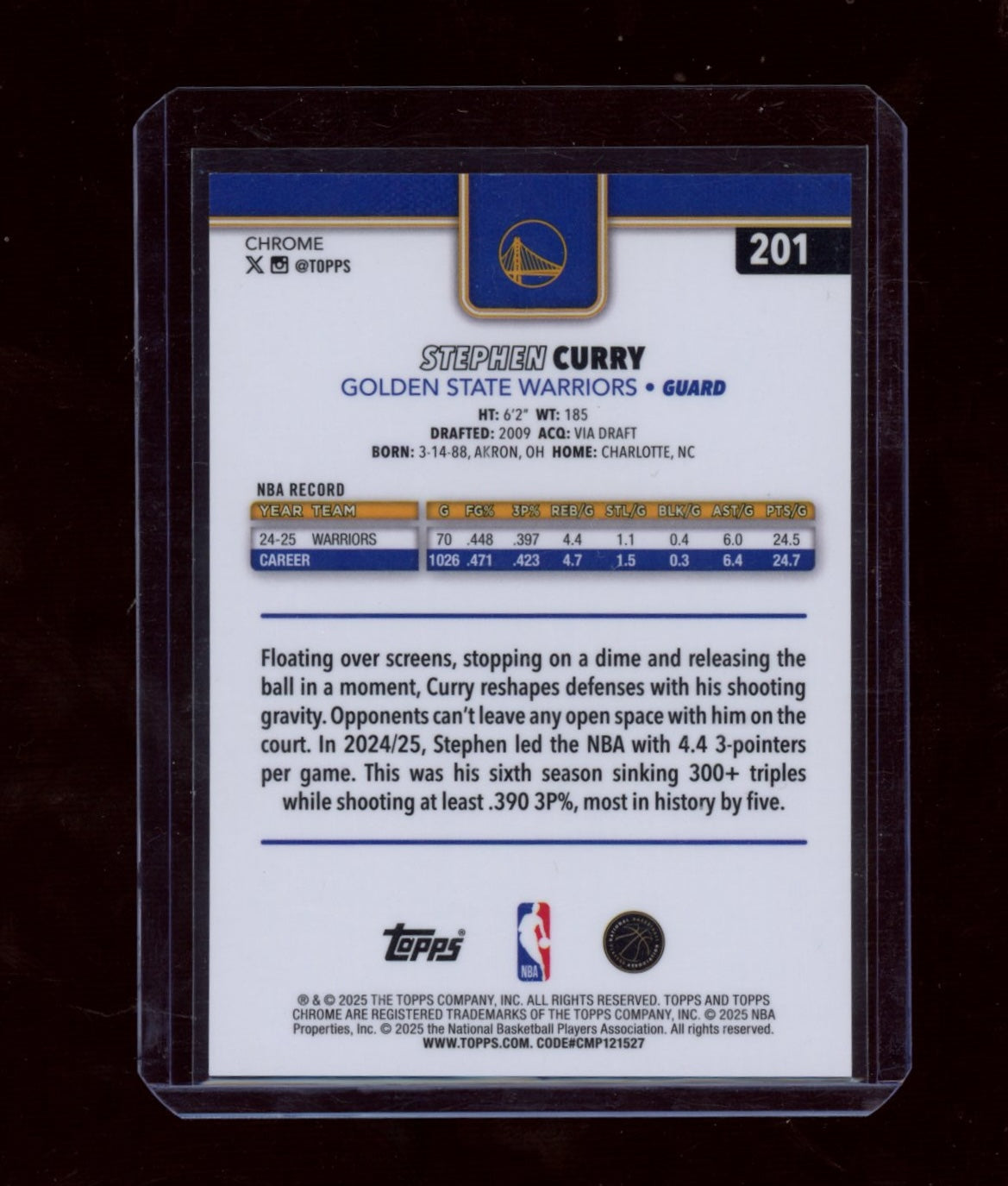 2025-26 Topps Chrome #201 Stephen Curry Blue X-Fractor