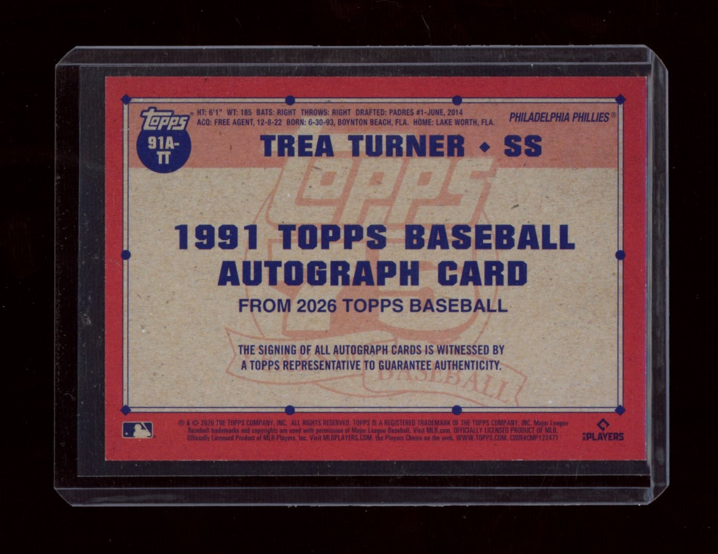 2026 Topps Trea Turner 1991 Topps Baseball 35th Anniversary Auto Red #/5