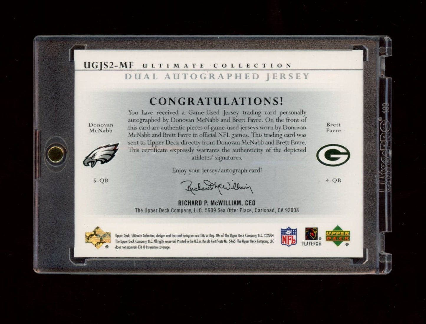 2004 Upper Deck Ultimate Collection #UGJS2-MF McNabb / Favre Dual Autos #/15