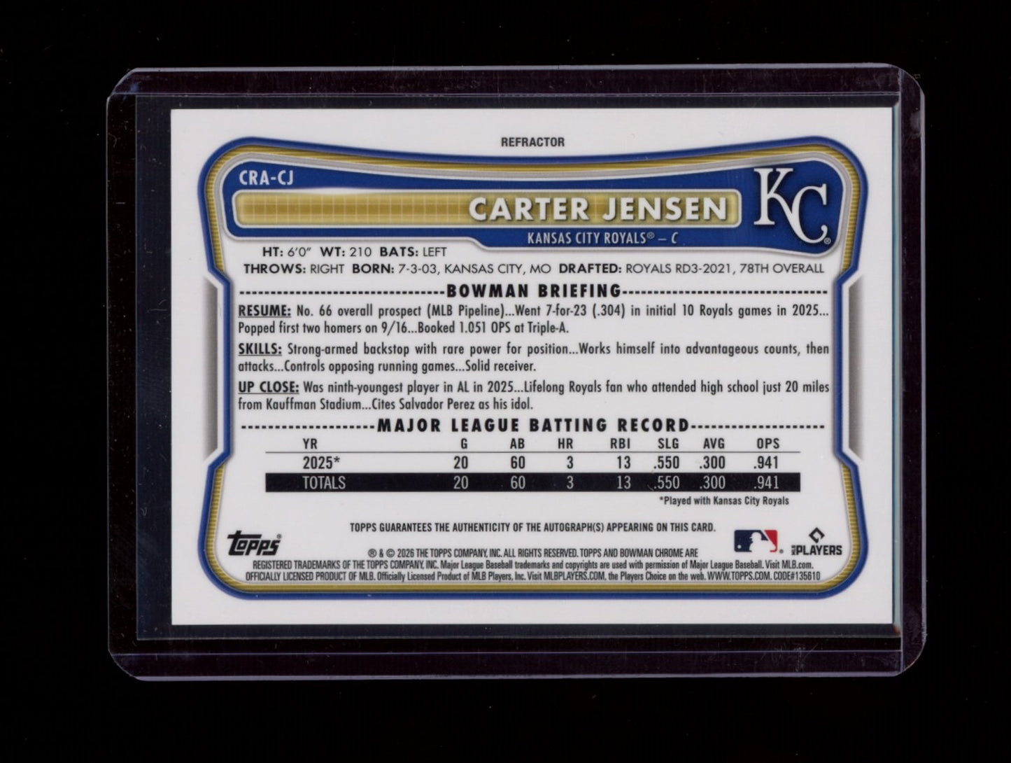 2026 Bowman #CRA-CJ Carter Jensen Chrome RC Auto Refractor /499