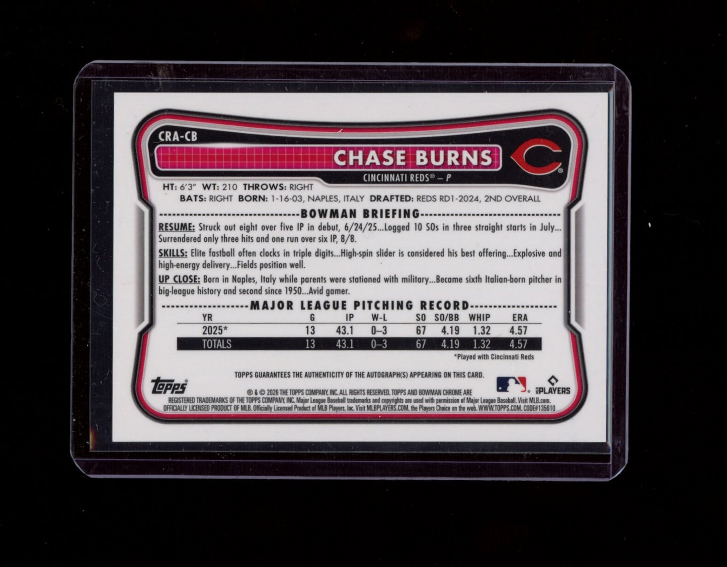 2026 Bowman #CRA-CB Chase Burns Chrome Rookie Autograph