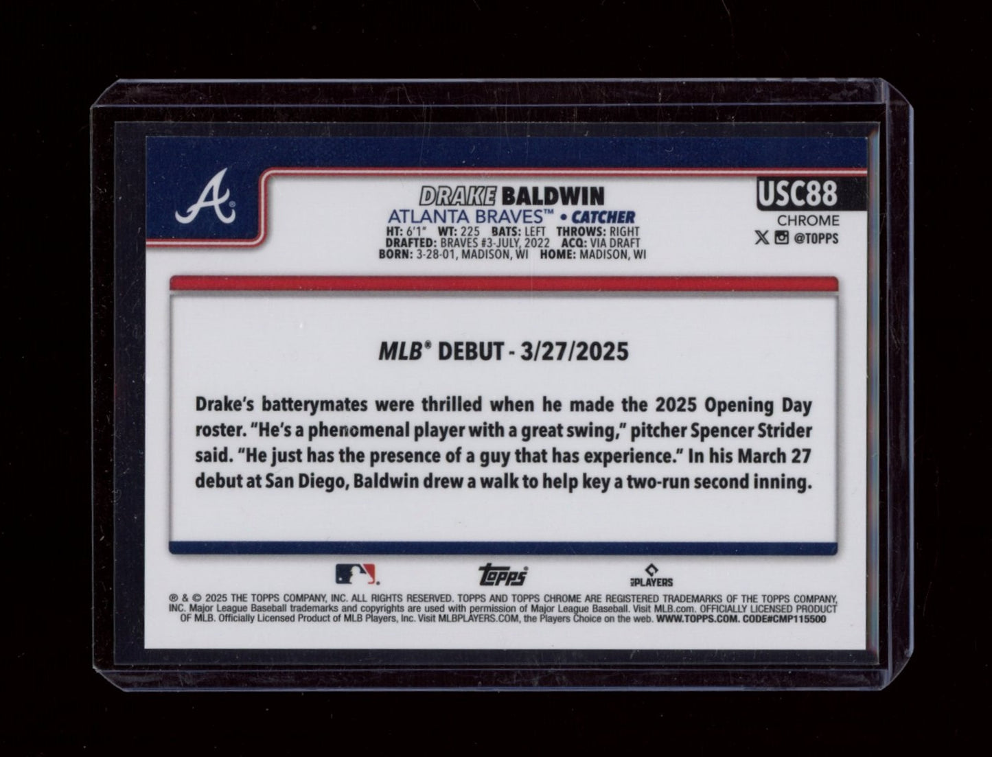 2025 Topps Chrome Update #USC88 Drake Baldwin Orange Refractors #/25