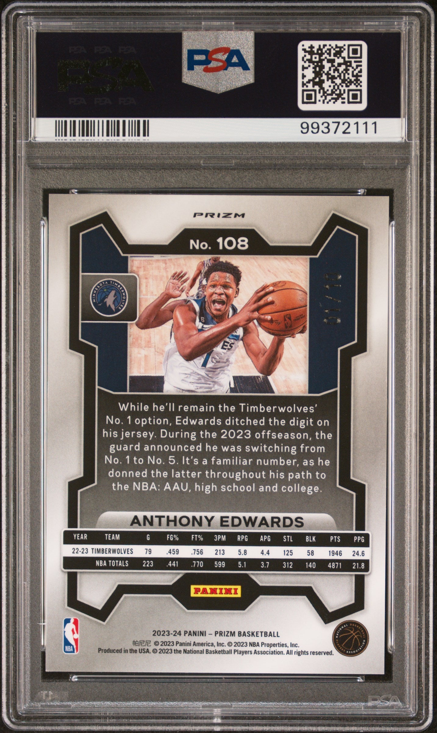 2023 Panini Prizm #108 Anthony Edwards Gold Prizm PSA 9 JERSEY # 1/10
