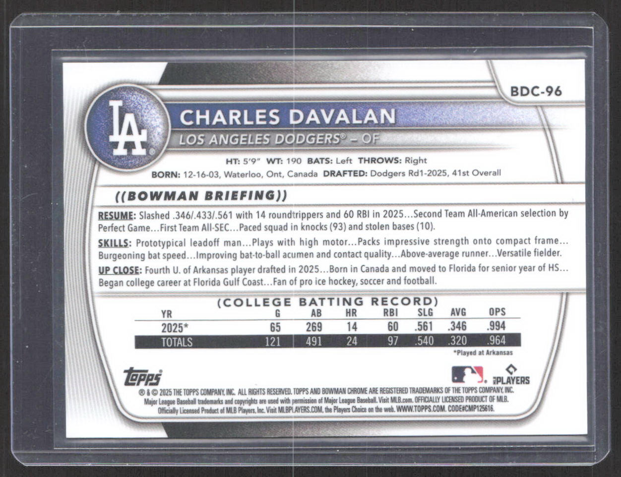 2025 Bowman Draft #BDC-96 Charles Davalan Chrome Black Mojo Refractor #/10
