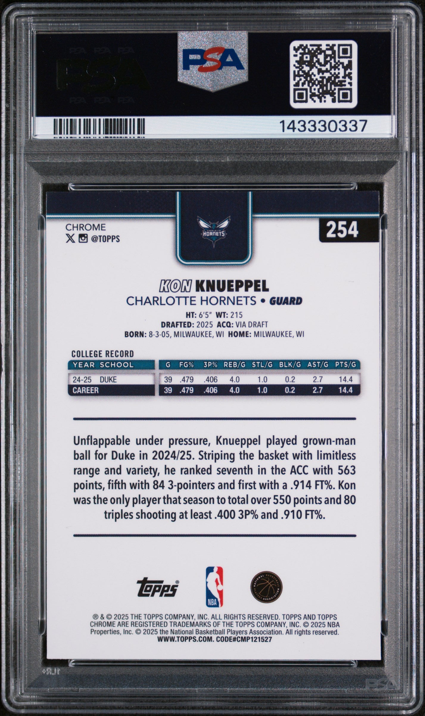 2025 Topps Chrome #254 Kon Knueppel Blue Raywave PSA 8