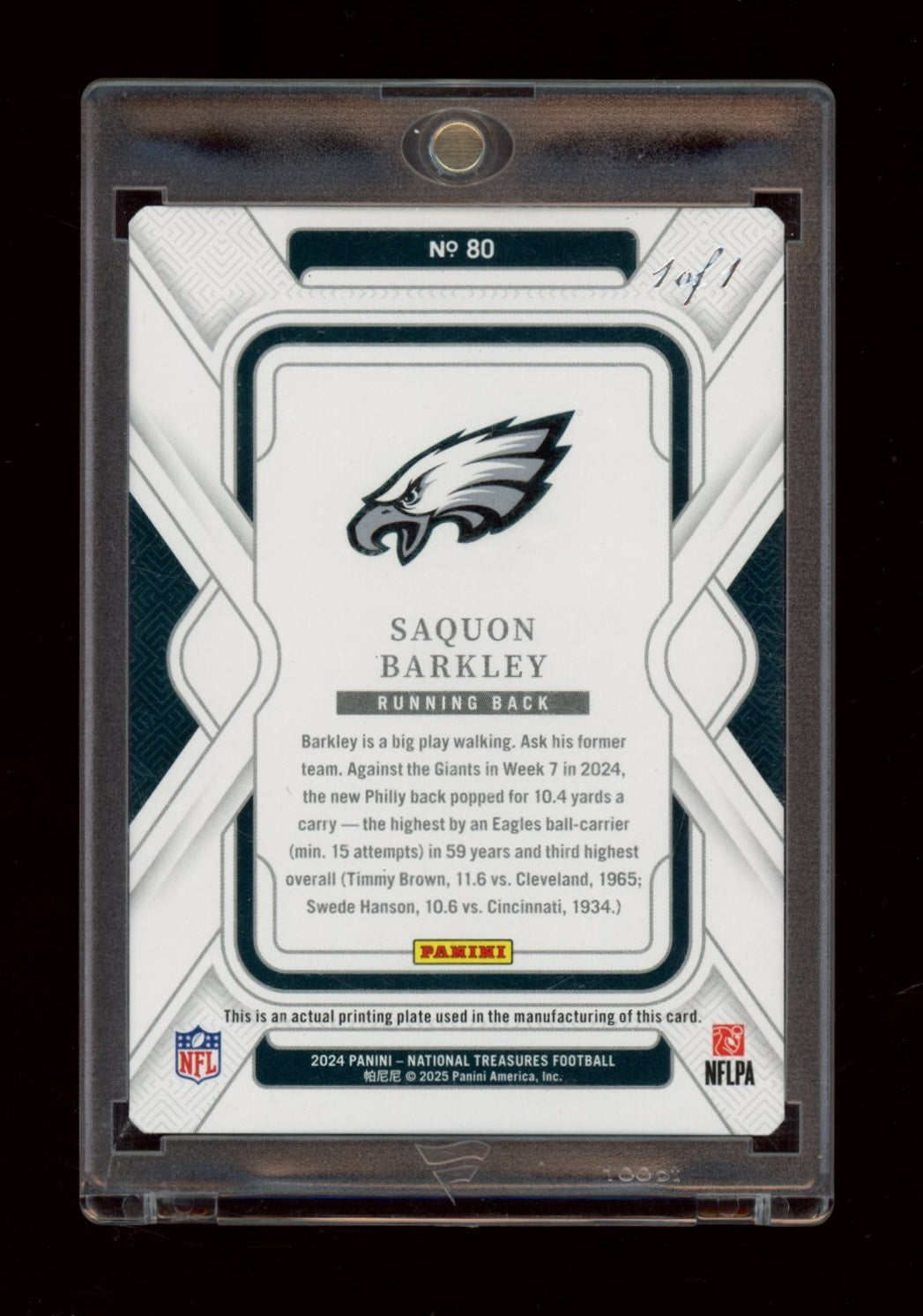2024 Panini National Treasures #80 Saquon Barkley Printing Plate Black #/1