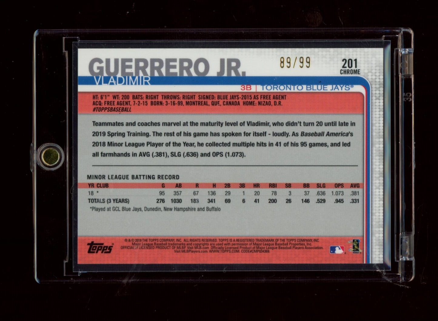 2019 Topps Chrome #201 Vladimir Guerrero Jr. Green Refractor #/99