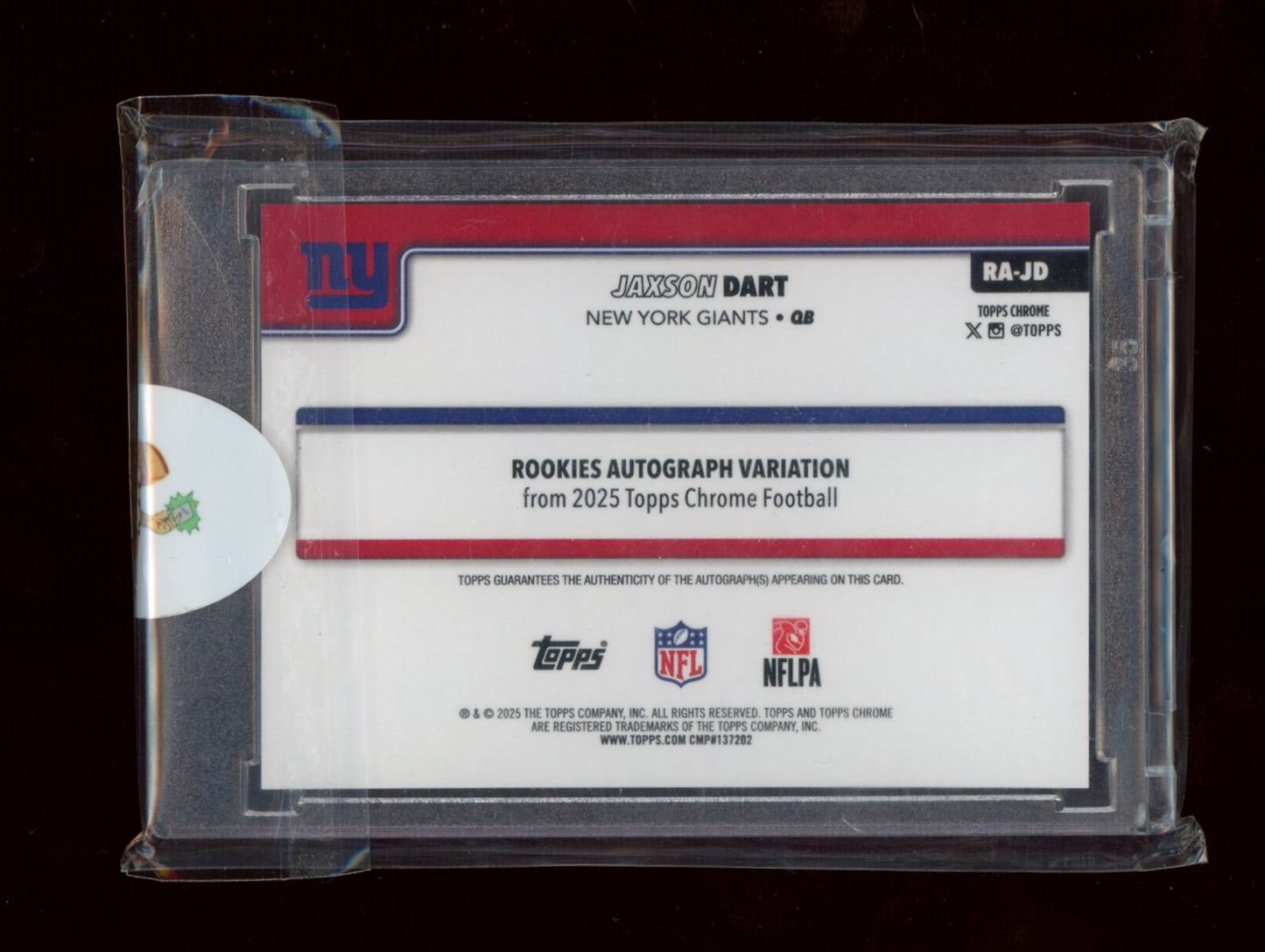 2025 Topps Chrome #RA-JD Jaxson Dart Chrome RC Auto **Smiley Inscription