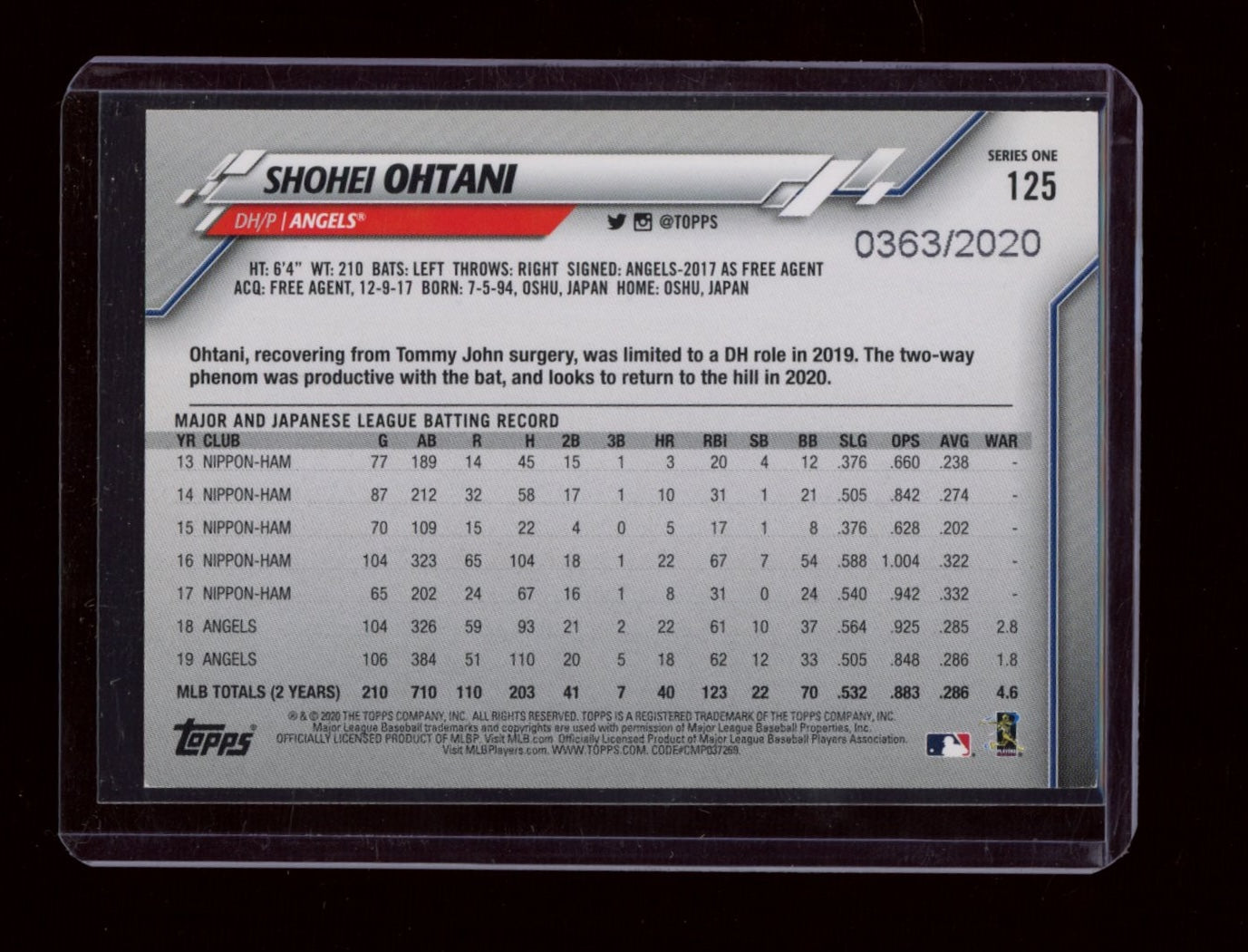 2020 Topps #125 Shohei Ohtani Gold #/2020