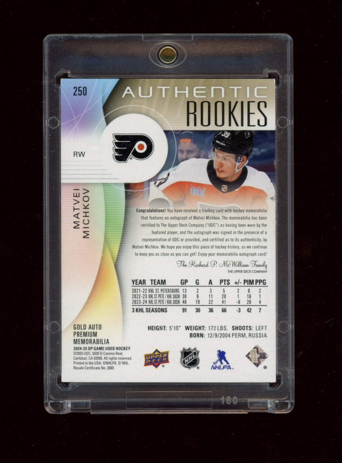 2024-25 SP Game Used #250 Matvei Michkov Gold Auto Premium Memorabilia #/35