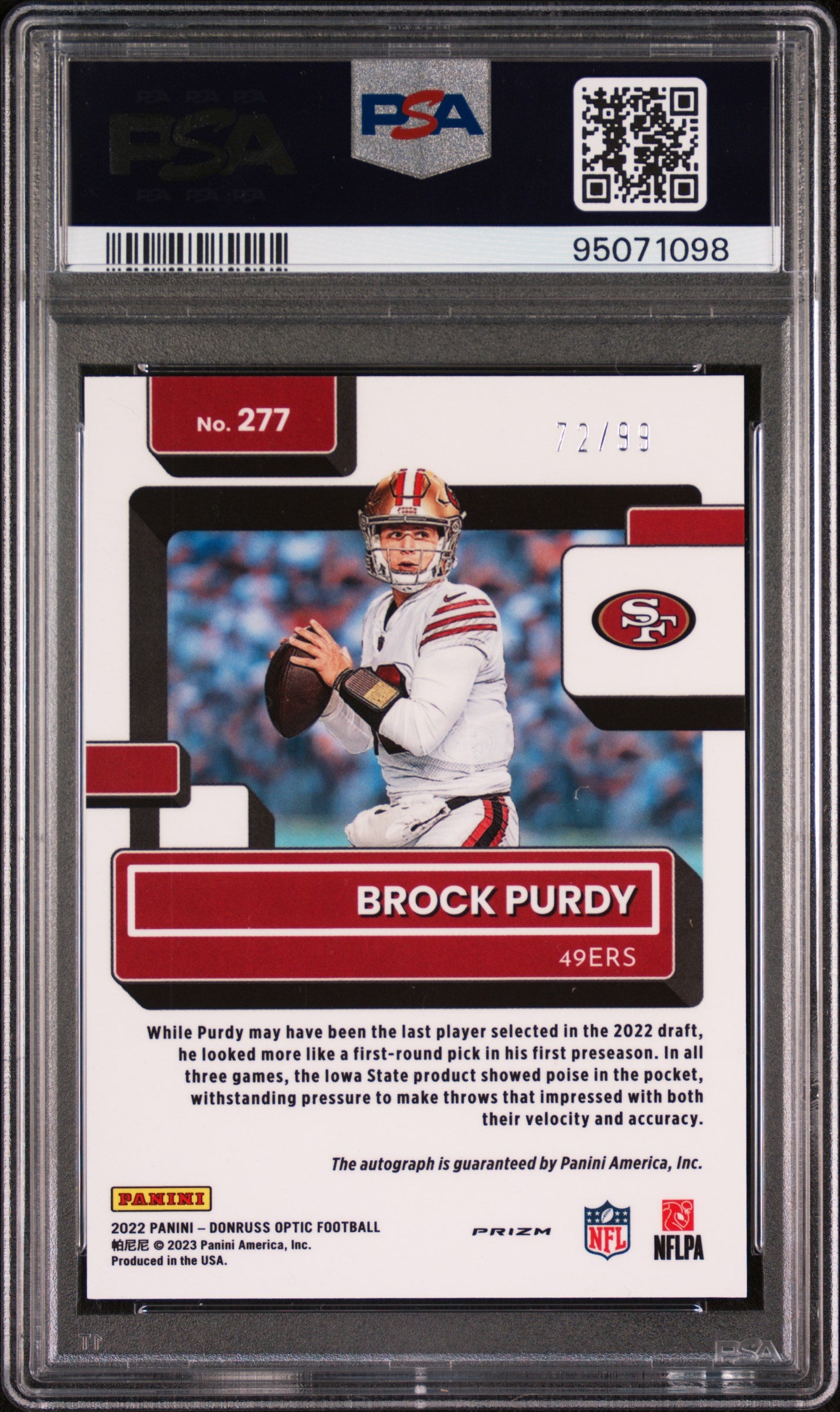 2022 Panini Donruss Optic #277 Brock Purdy Autograph-Blue PSA 10