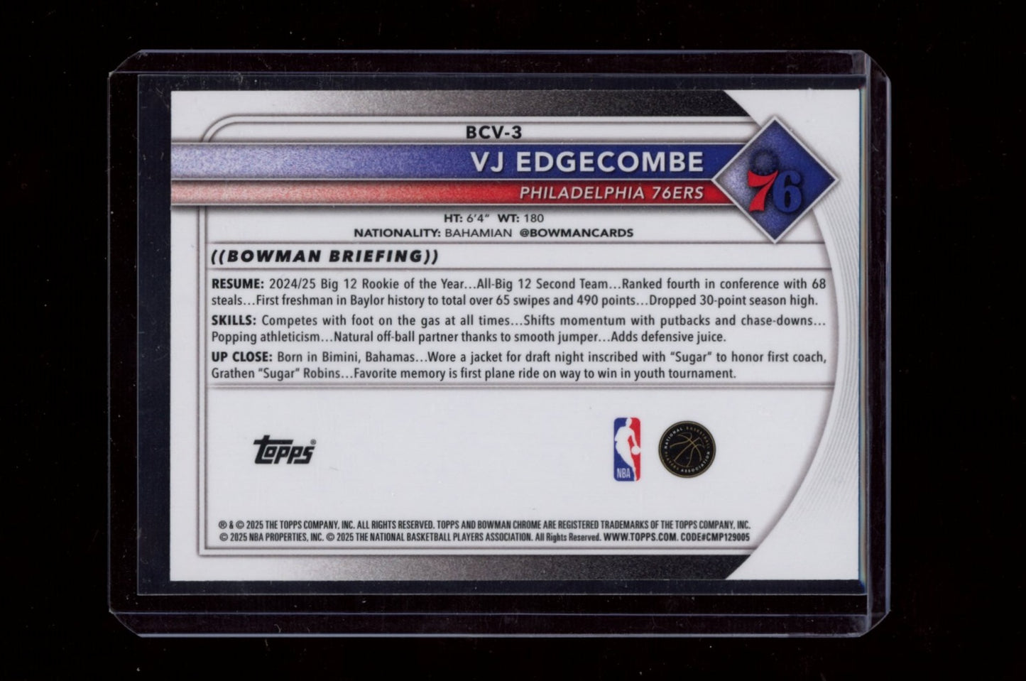 2025-26 Bowman #BCV-3 VJ Edgecombe Chrome Blue Shimmer #/150