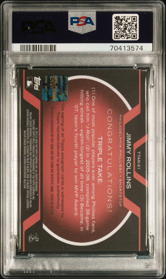 2008 Topps Triple Threads #61 Jimmy Rollins Relics Auto /18 PSA 8