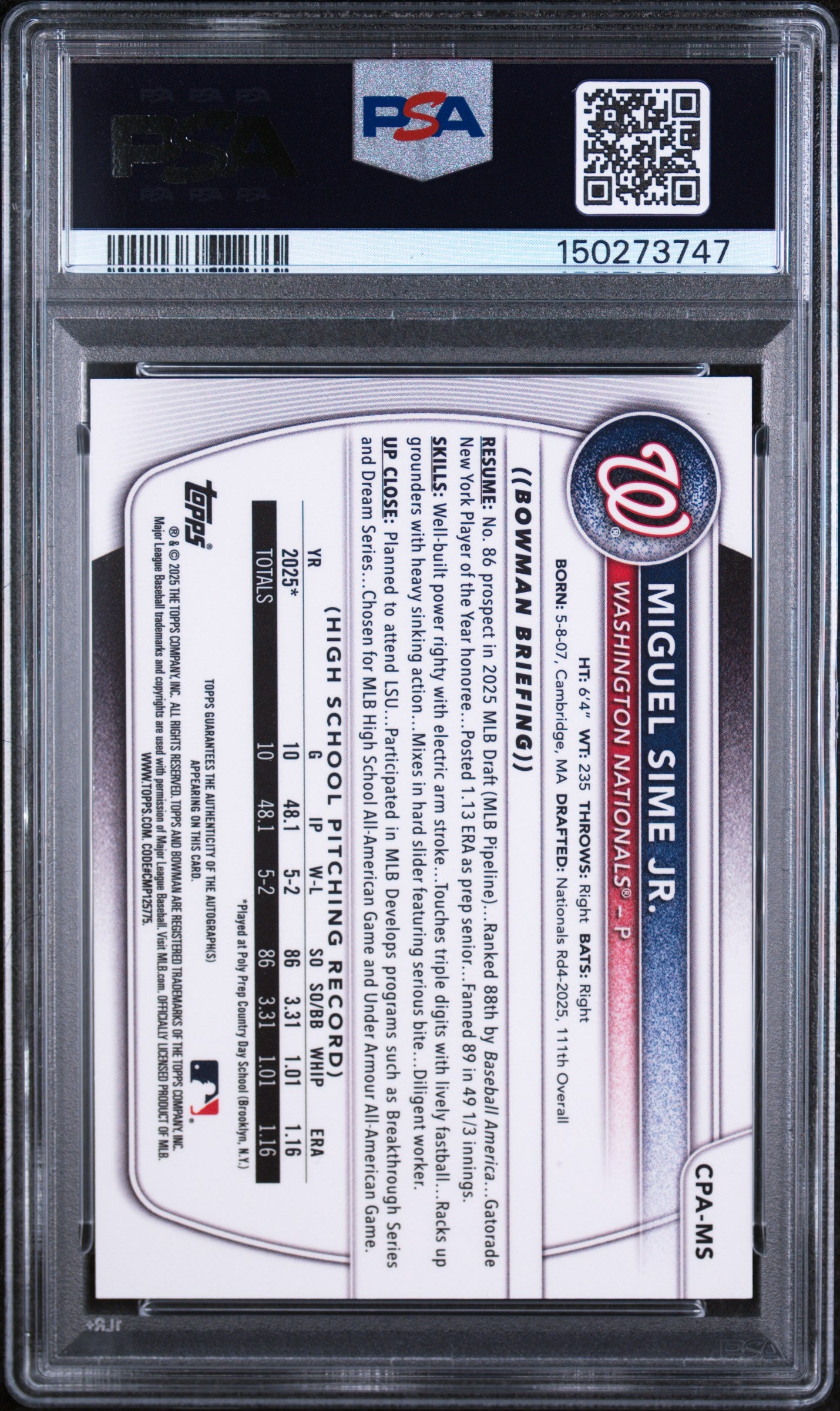 2025 Bowman Draft Chrome Auto#CPA-MS Miguel Sime Jr Gold /50 PSA 9