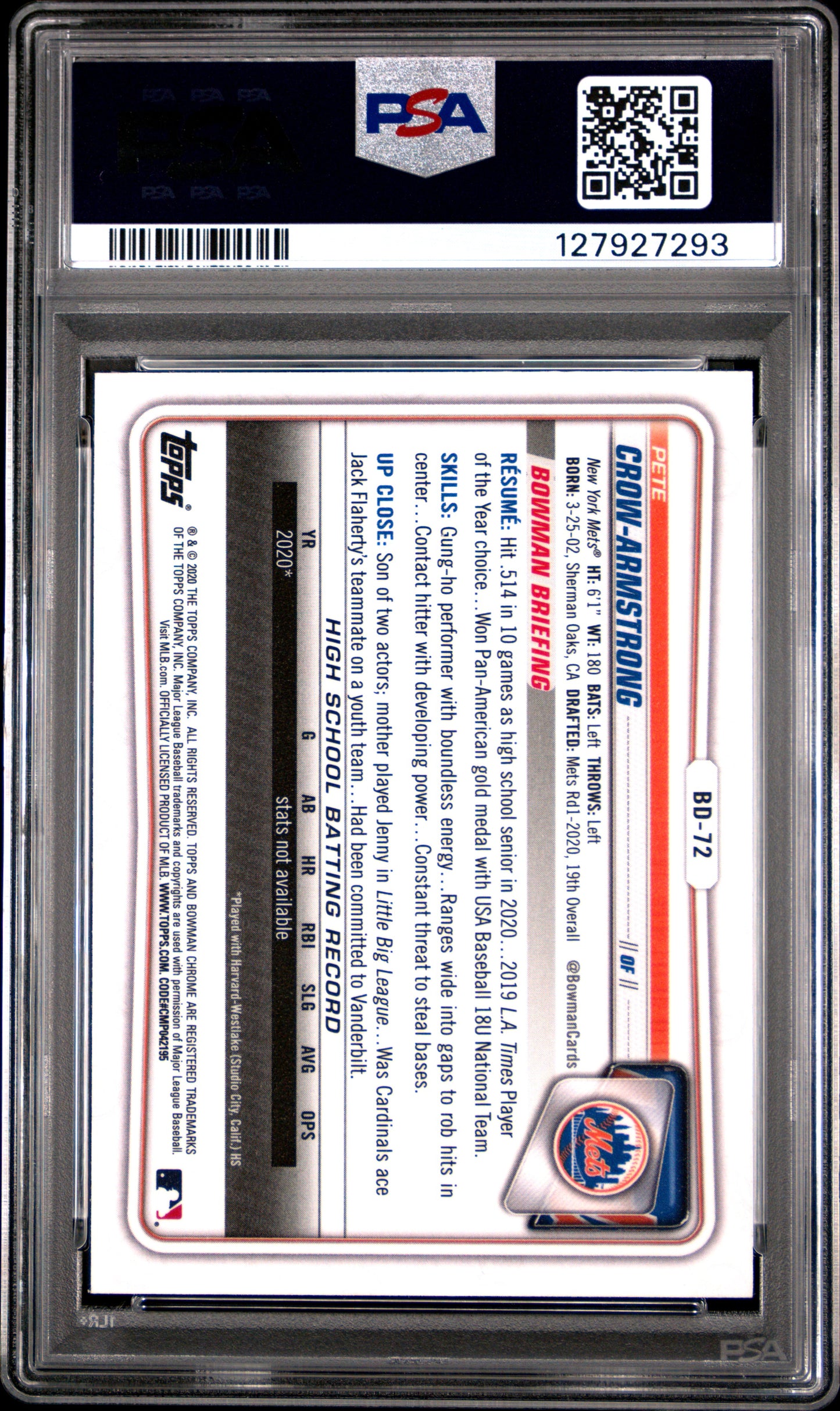 2020 Bowman Draft #BD72 P.Crow-Armstrong Chrome PSA 10