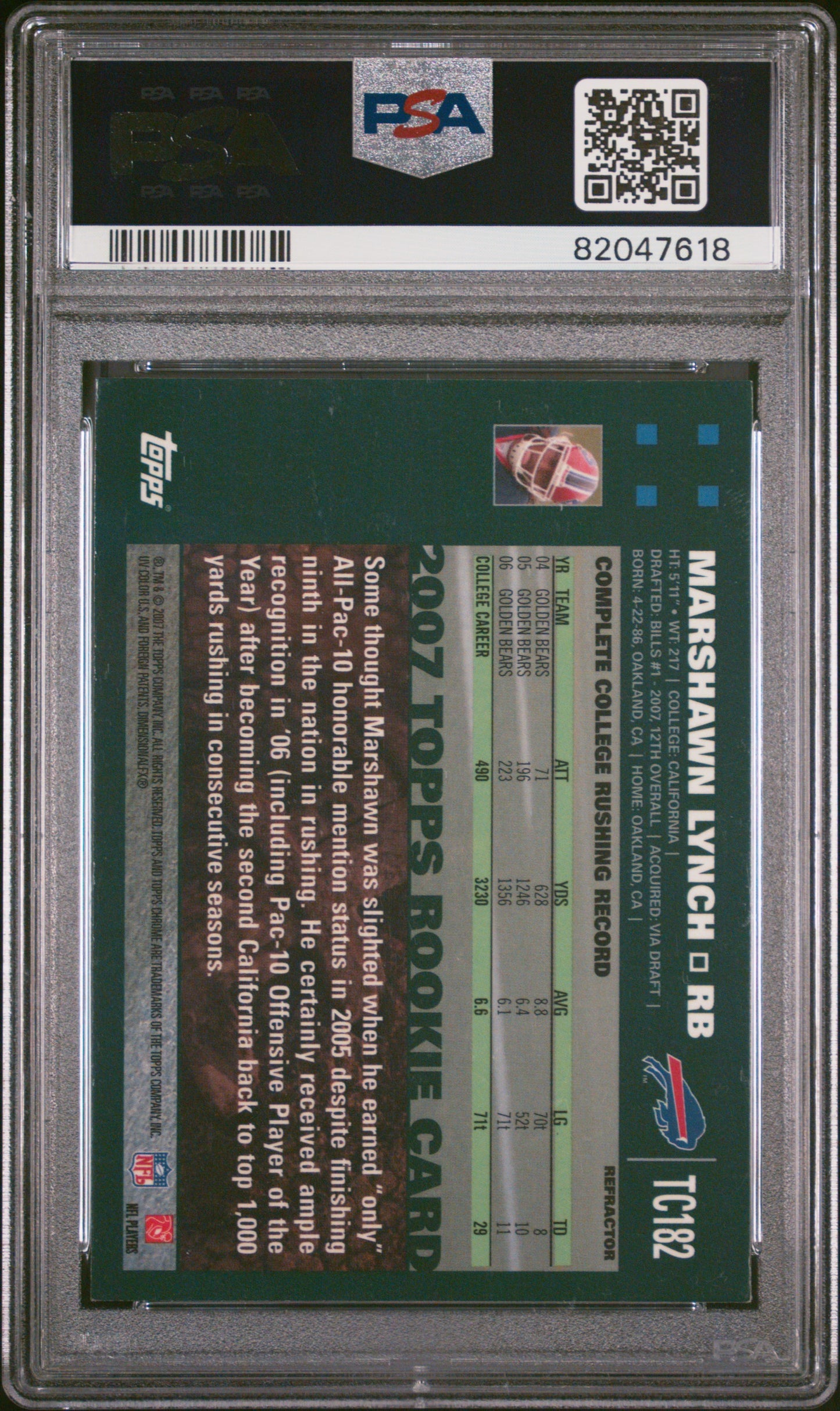 2007 Topps Chrome #TC182 Marshawn Lynch Blue Refractor PSA 8