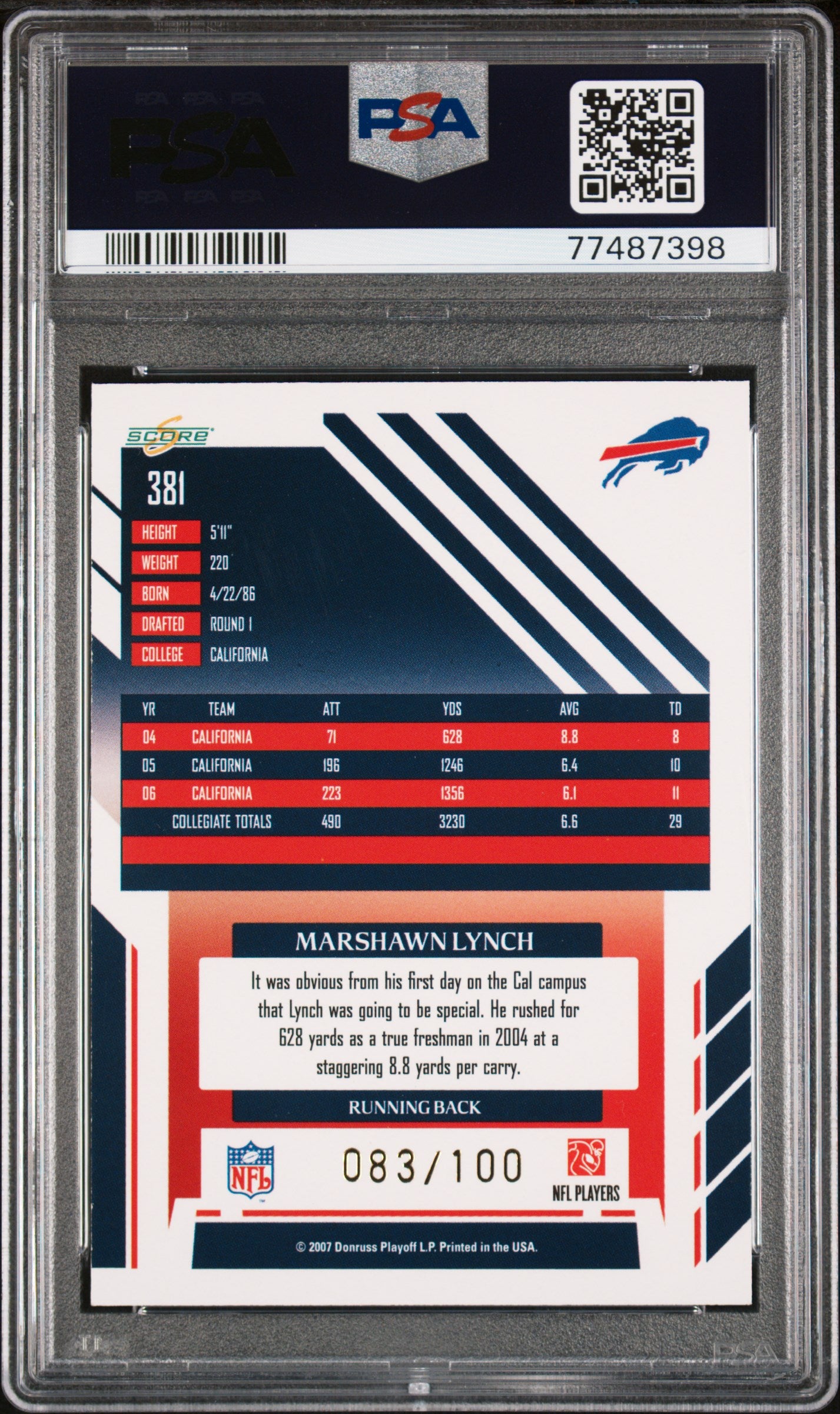 2007 Score Select #381 Marshawn Lynch Scorecard PSA 9