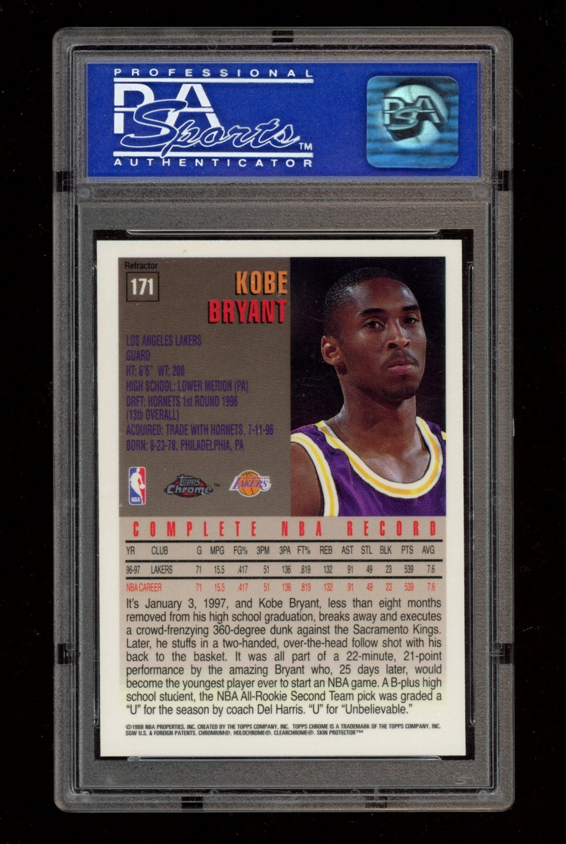 1997 Topps Chrome #171 Kobe Bryant Refractor PSA 9 (perfect color)