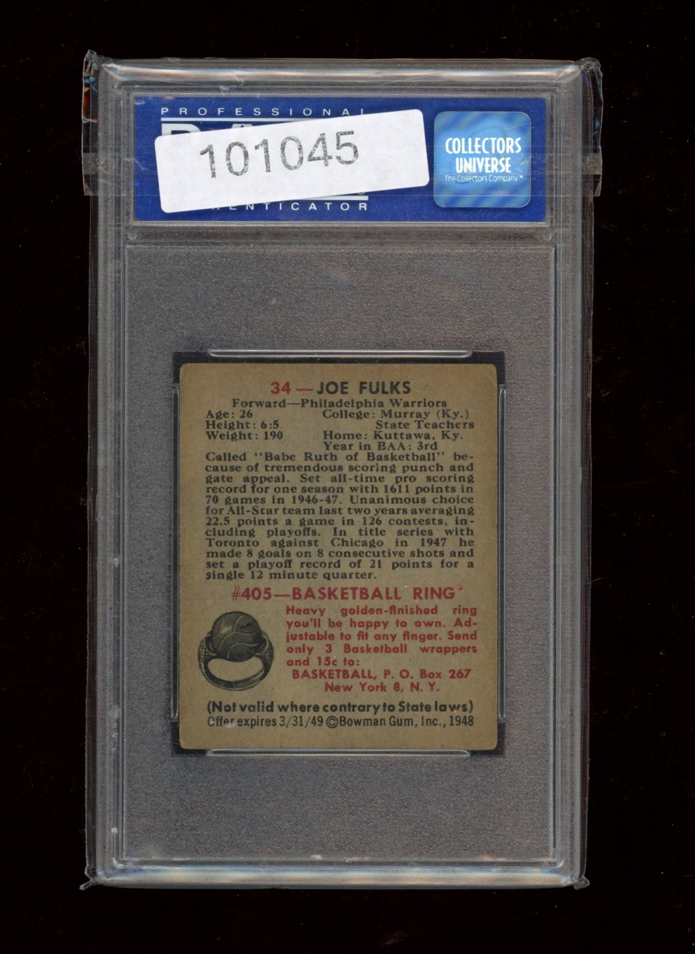 1948 Bowman #34 Joe Fulks PSA 5