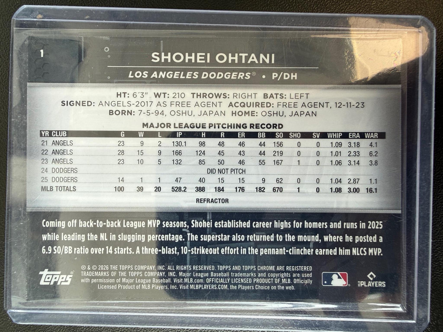 2026 Topps Chrome Black #1 Shohei Ohtani Refractors #/199
