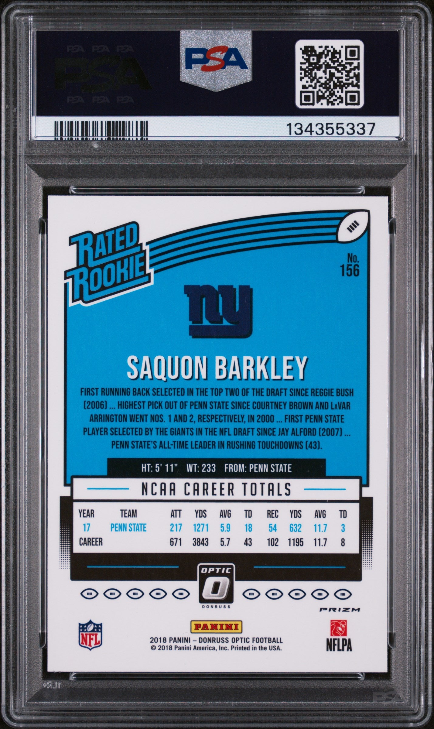 2018 Panini Donruss Optic #156 Saquon Barkley Red/Yellow PSA 9