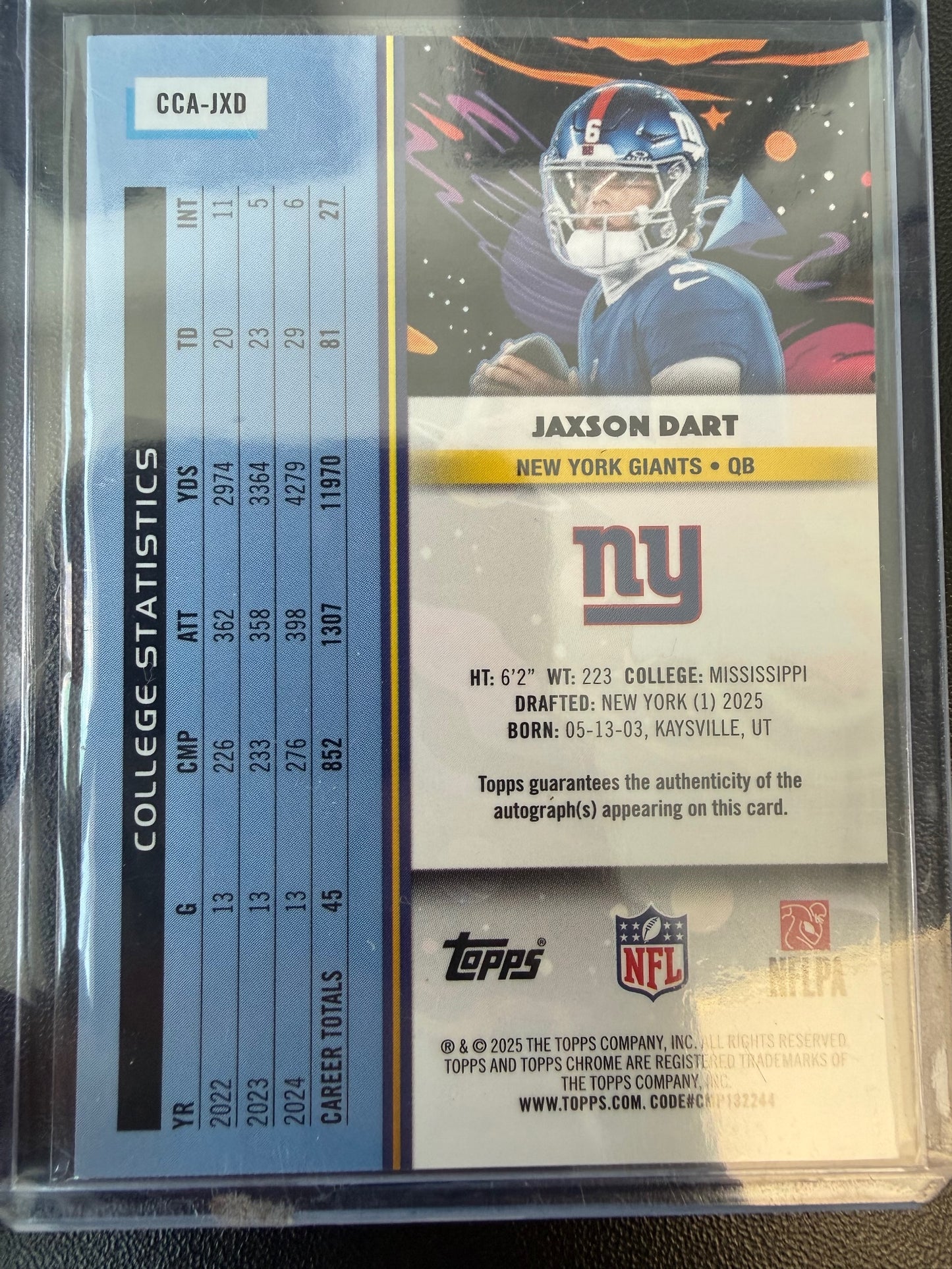 2025 Topps Chrome Cosmic #CCA-JXD Jaxson Dart Auto Green Space Dust #/75