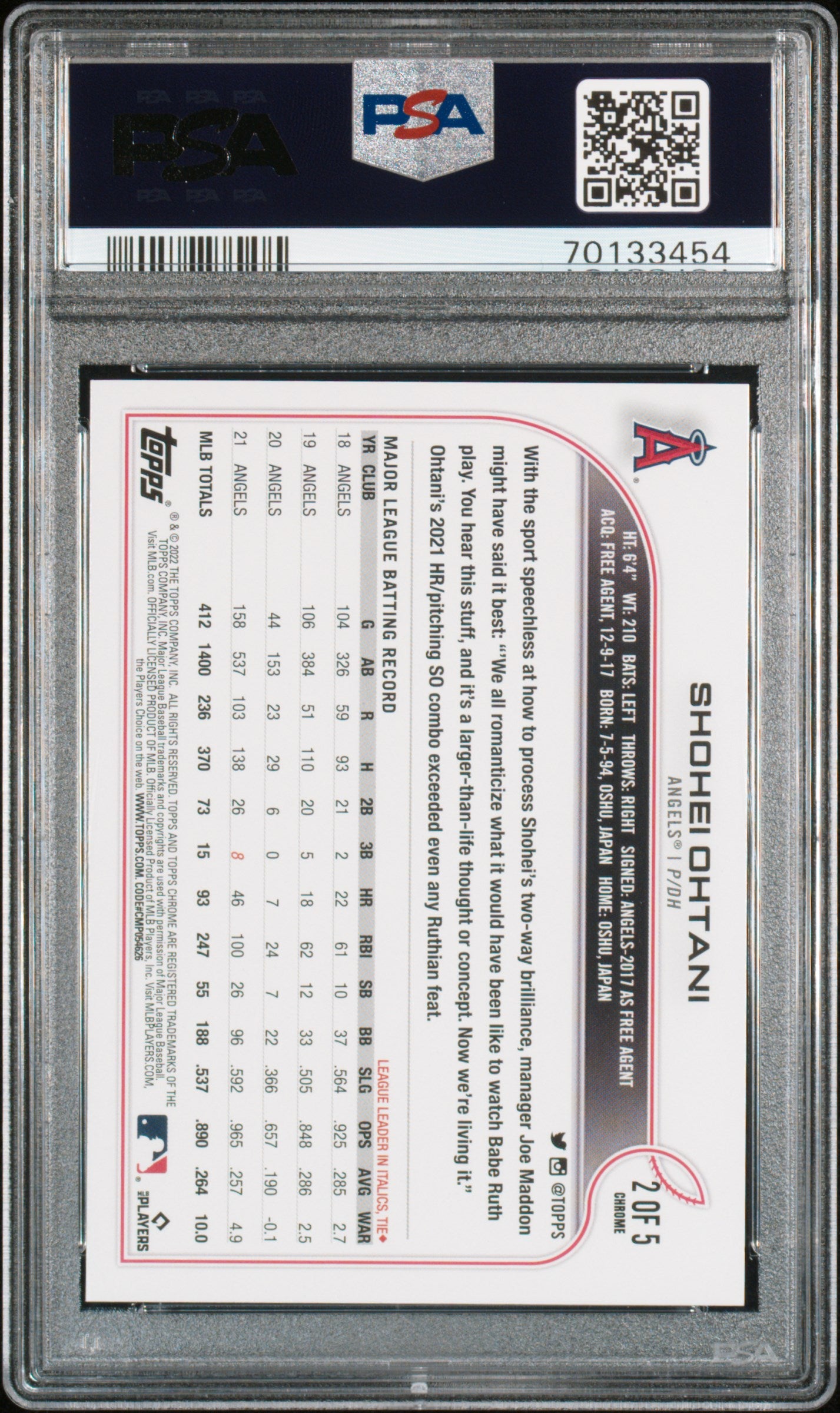 2022 Topps All-Star Game #2 Shohei Ohtani Stamped Bonus PSA 9 LOW POP