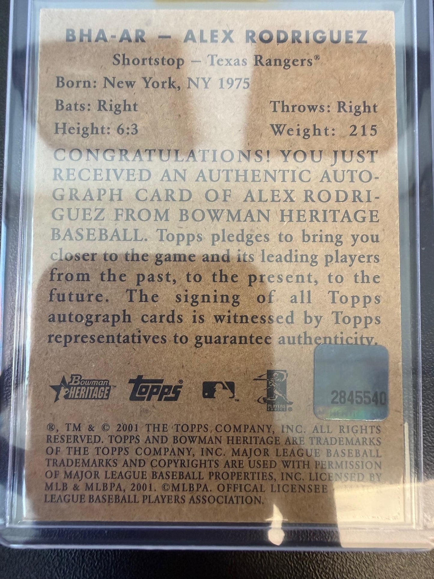 2001 Bowman Heritage #BHA-AR Alex Rodriguez Autographs