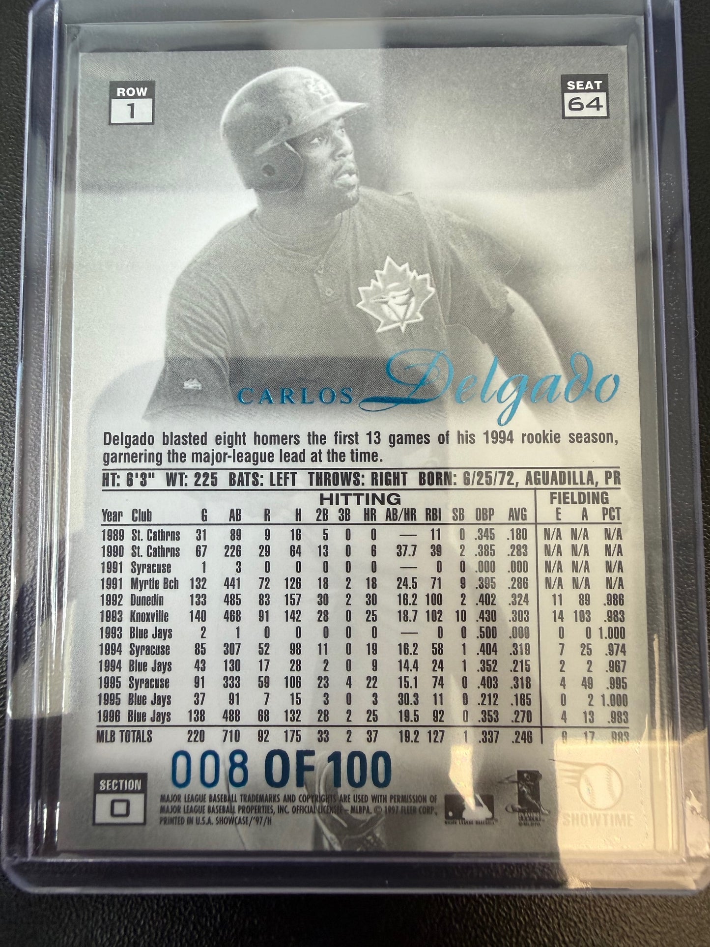 1997 Flair Showcase #64 Carlos Delgado Legacy Collection Row 1 (Grace) #/100