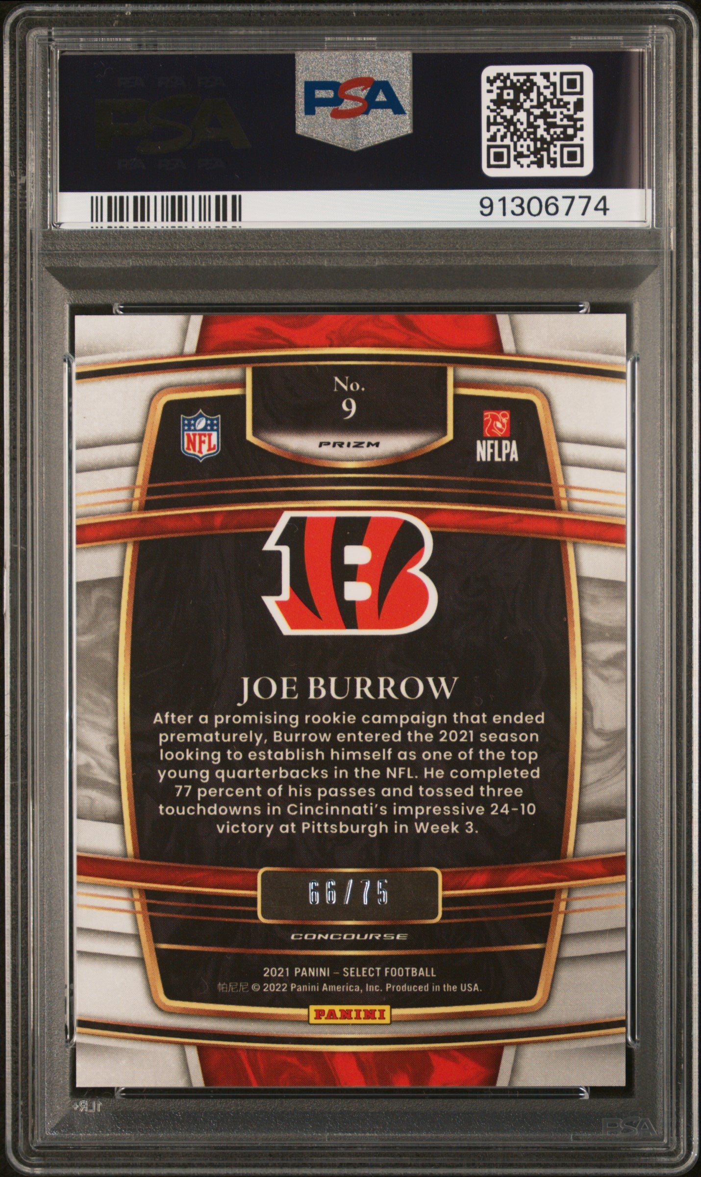 2021 Panini Select #9 Joe Burrow Purple Prizm PSA 9