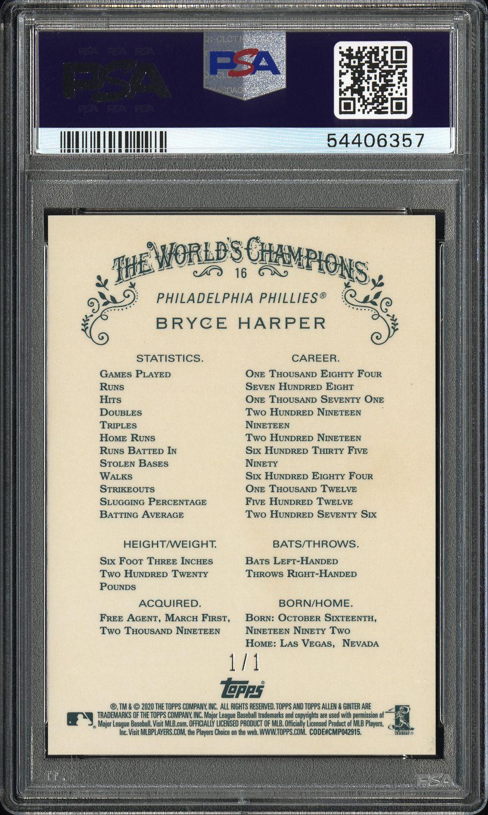 2020 Topps Allen & Ginter Chrome #16 Bryce Harper Superfractor 1/1 PSA 9