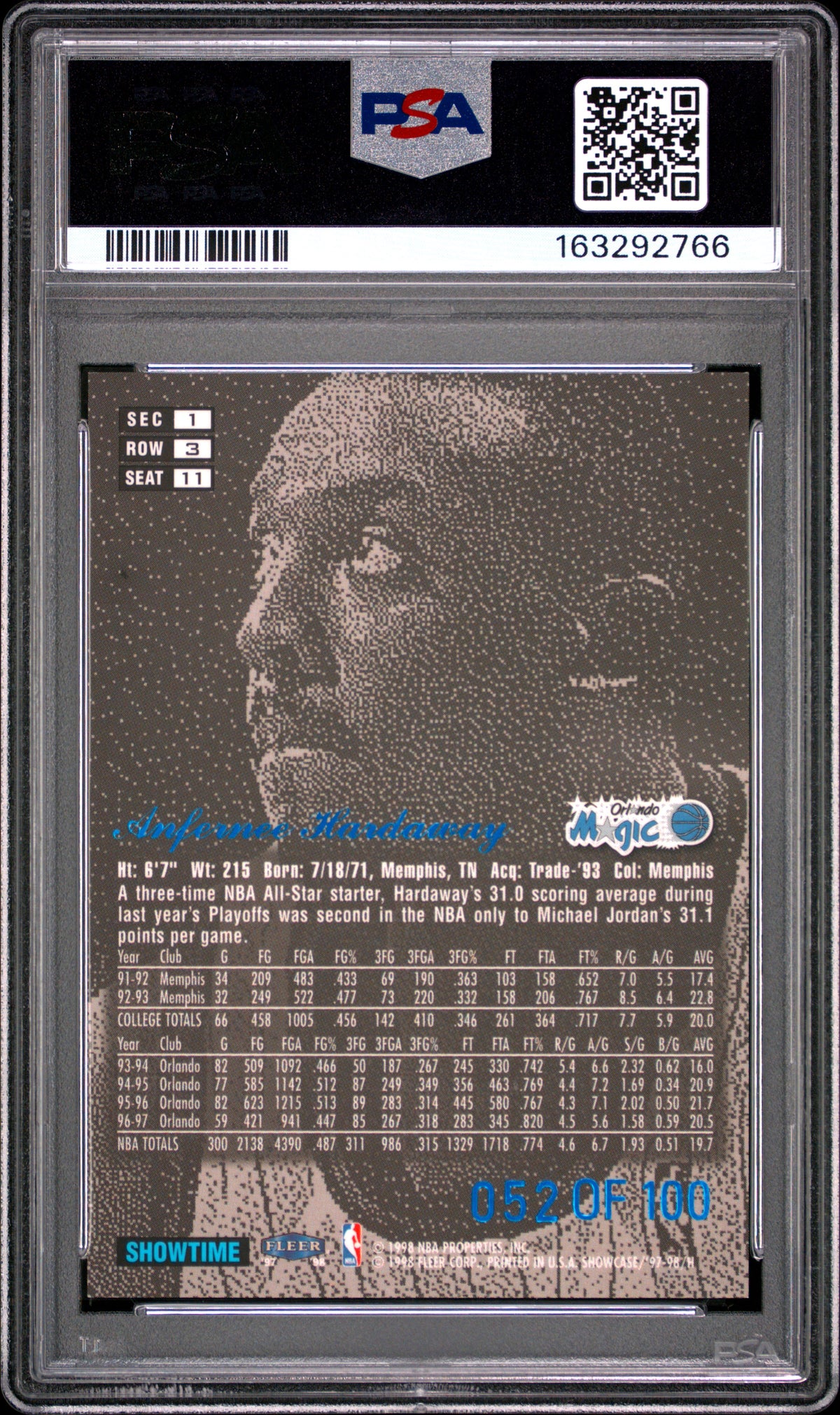 1997 Flair Showcase Legacy Collection #11 Anfernee Hardaway Legacy Row 3 PSA 7
