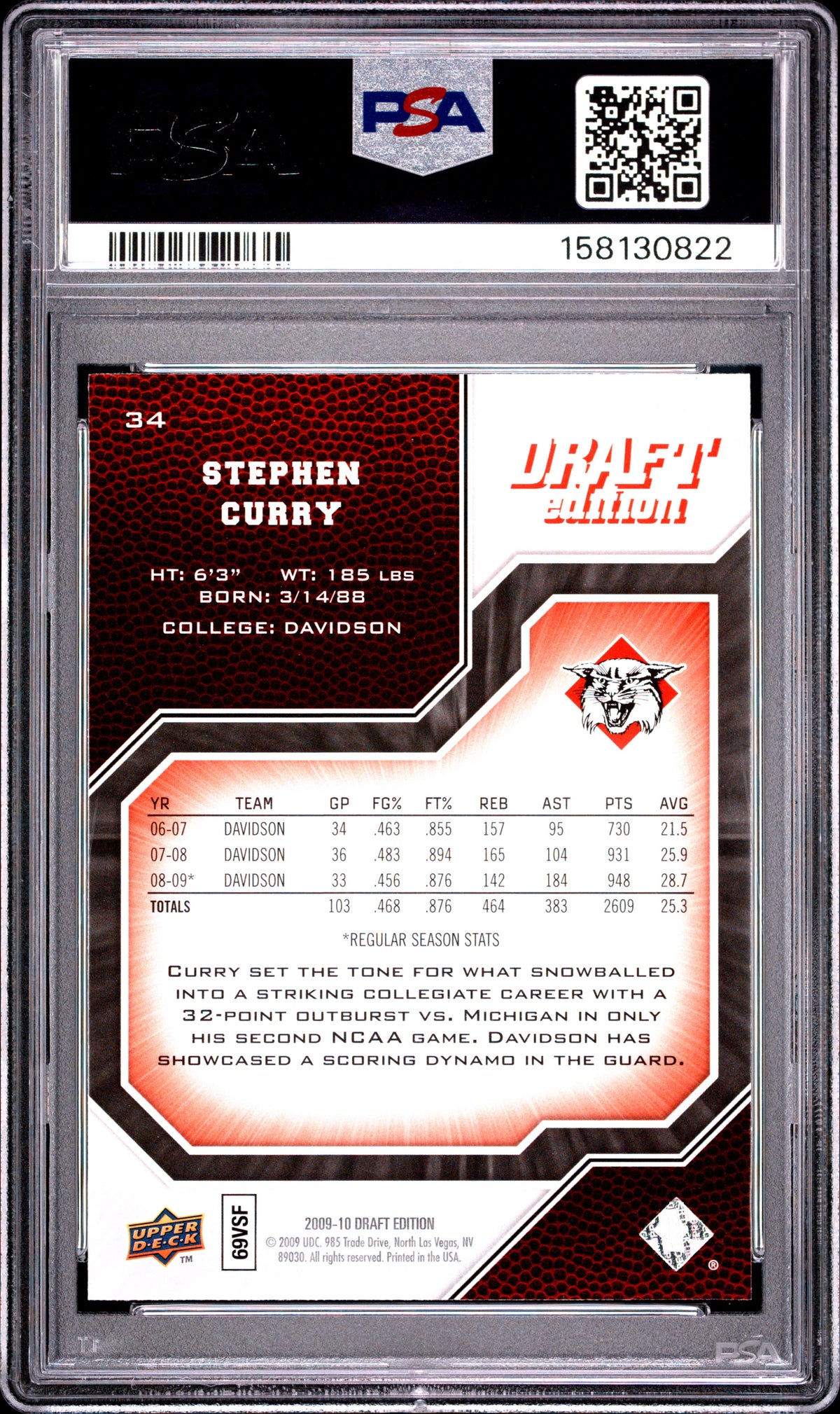 2009 Upper Deck Draft Edition #34 Stephen Curry PSA 8